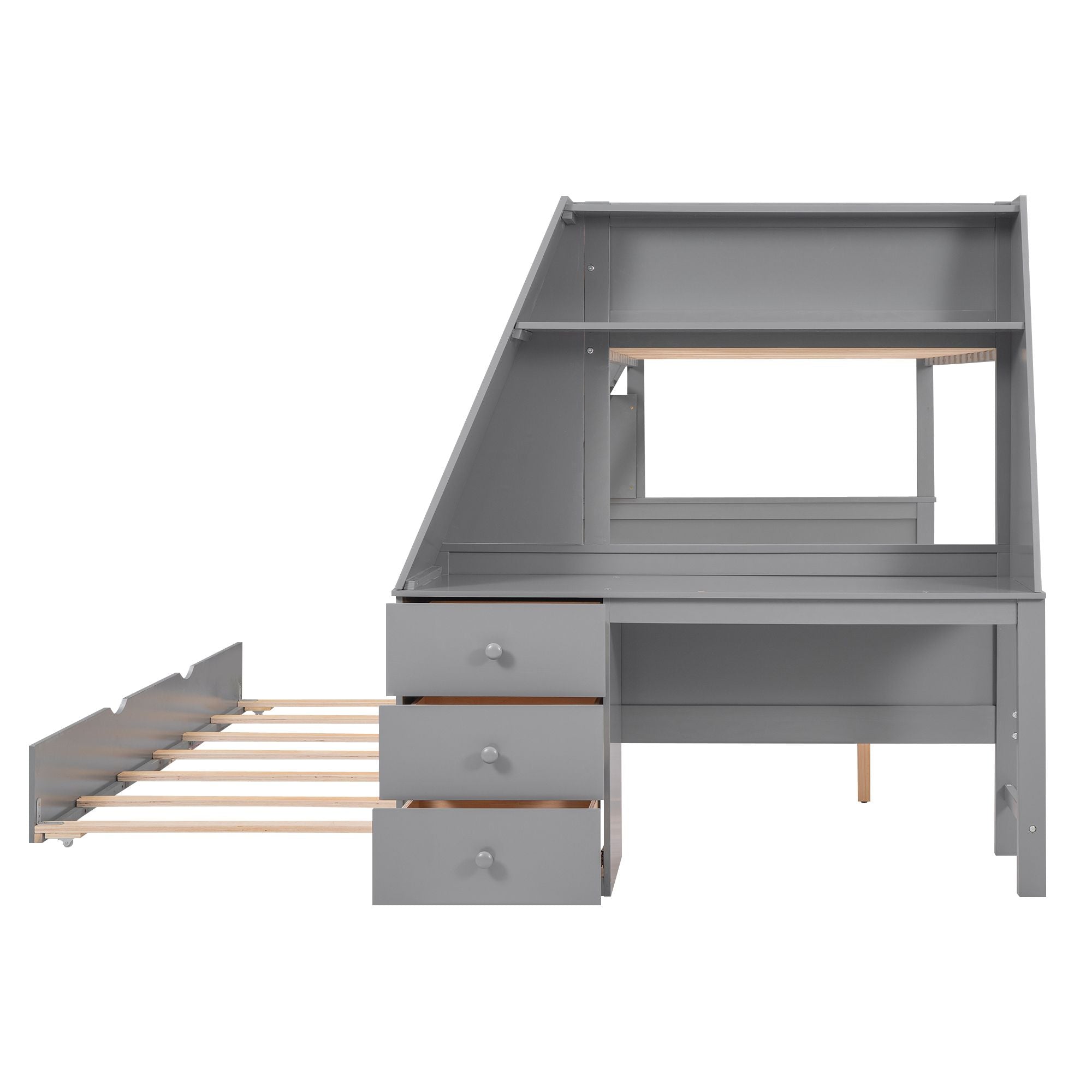 Twin over Full Bunk Bed with Trundle and Built-in Desk;  Three Storage Drawers and Shelf