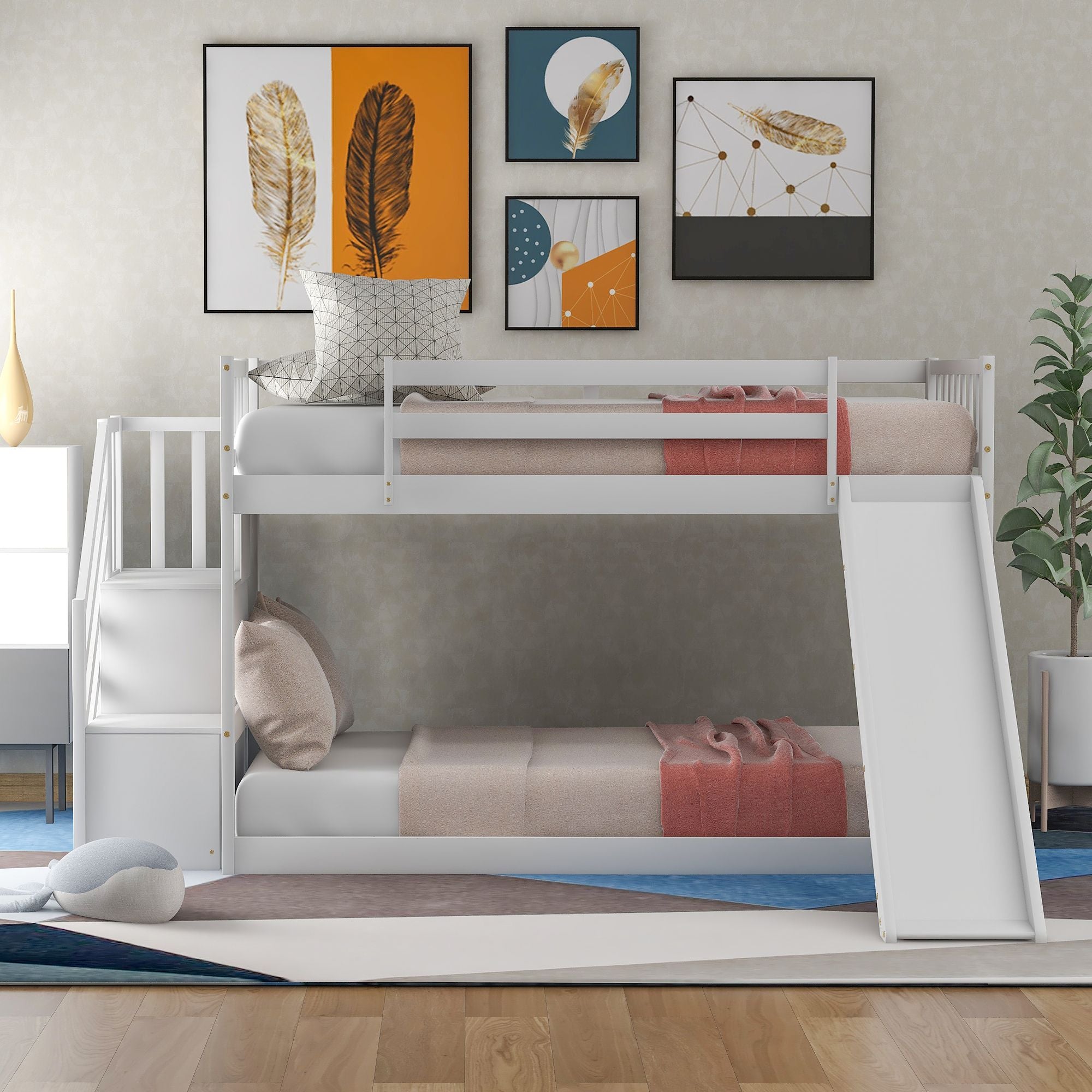 Twin over Twin Bunk Bed with Convertible Slide and Stairway