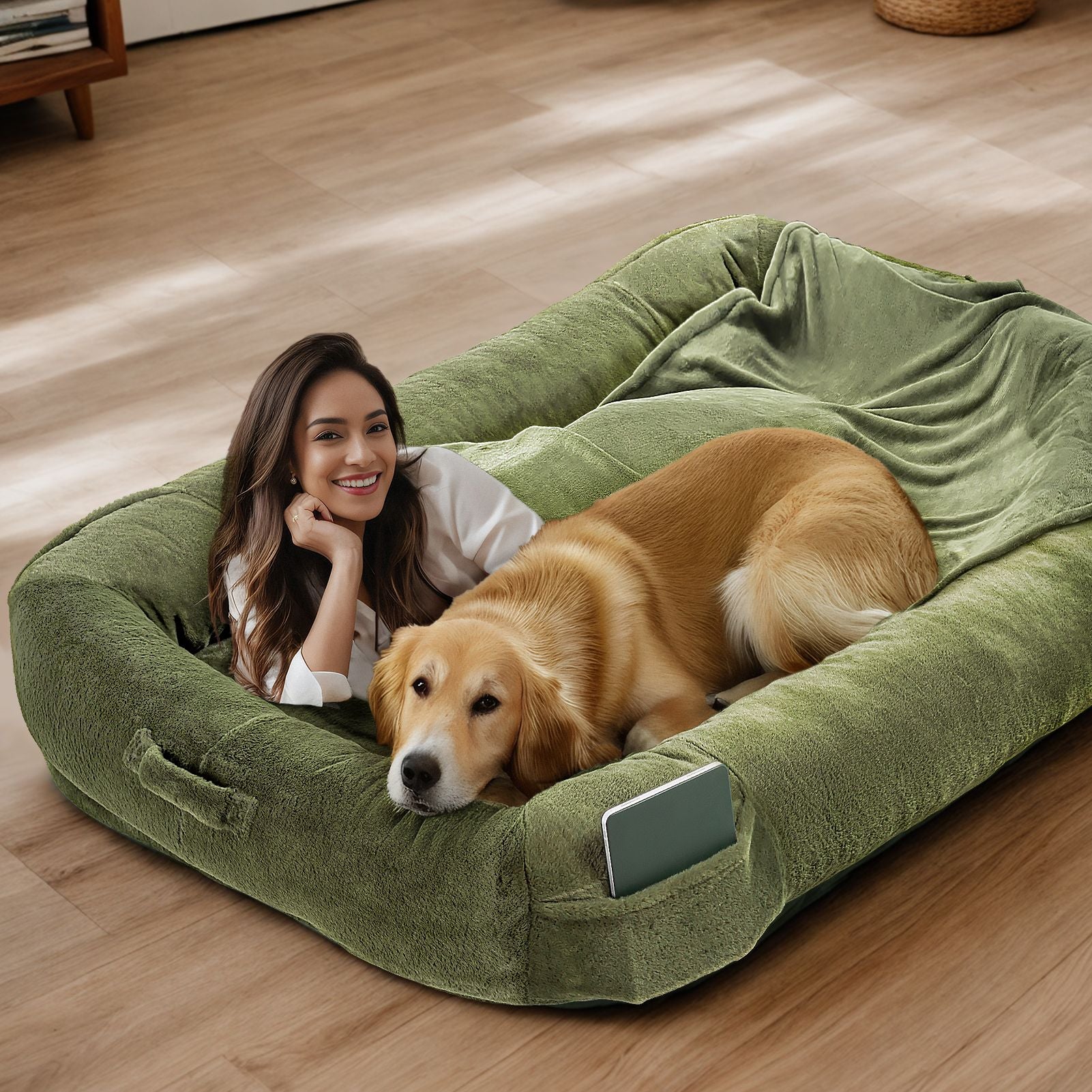 Extra Large Dog Bed, Human Dog Bed for Adult Instead of Foldable Air Mattress, 72"x48"x10" Washable Floor Beds Large Sized Dog Gifts with Handle, Blanket and 4 Storage Pockets, Army Green