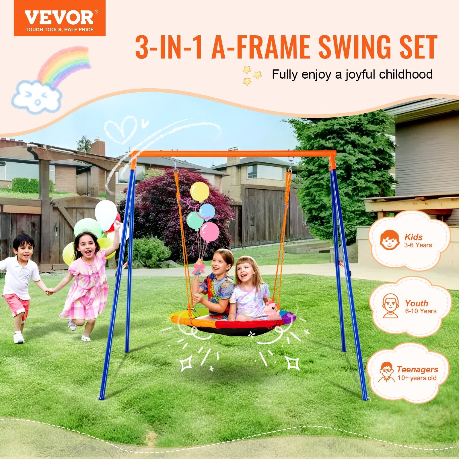 Durable A-Frame Swing Set with 40in Saucer Swing Seat – Supports 440lbs for Safe Backyard Fun!