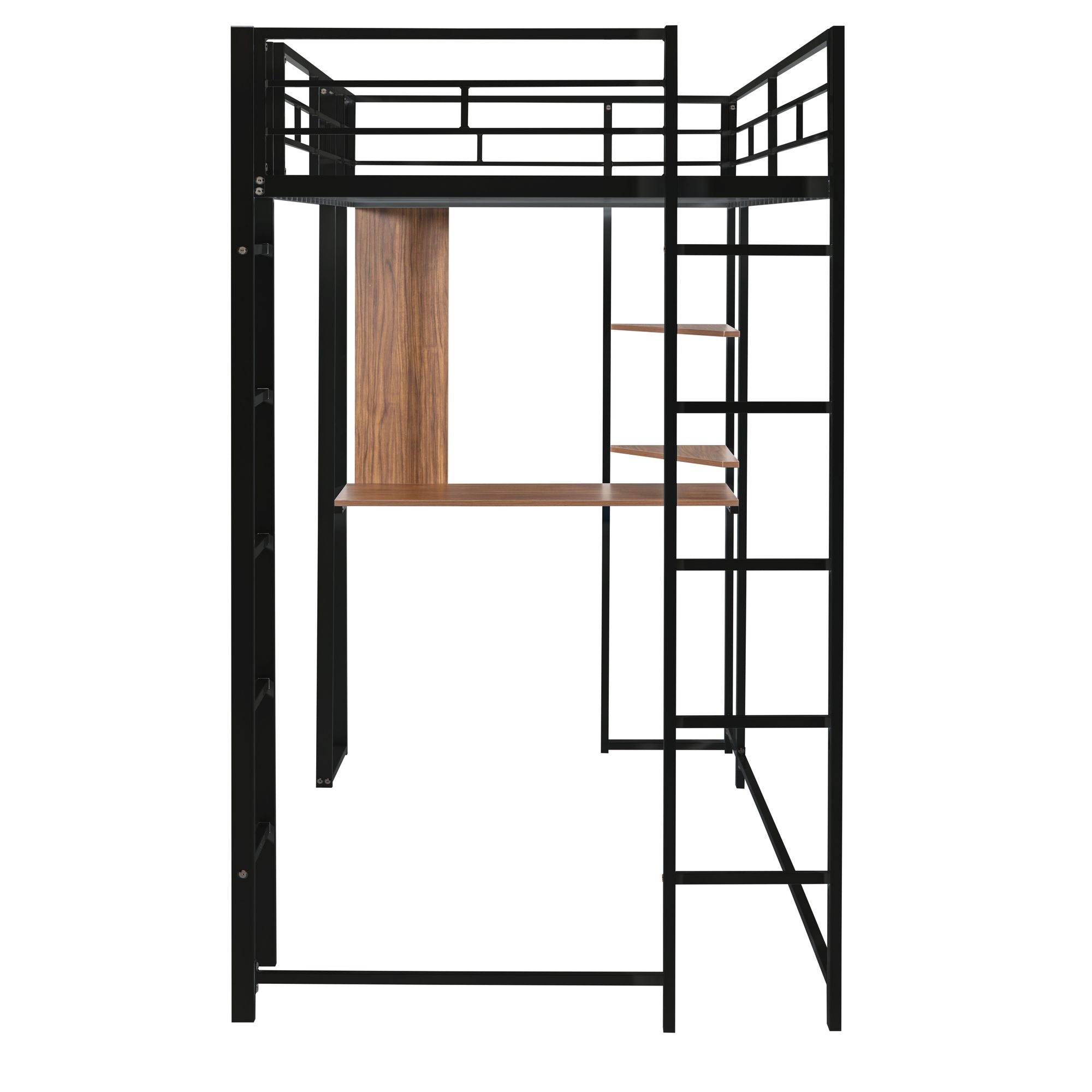 Twin Metal Loft Bed with 2 Shelves and one Desk