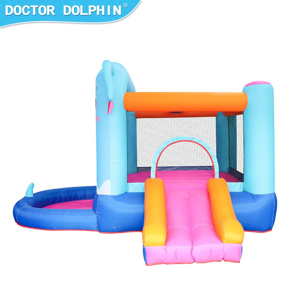 Elephant Inflatable Castle Blue Bounce House w/ Slide Ball Pool and 350W Blower