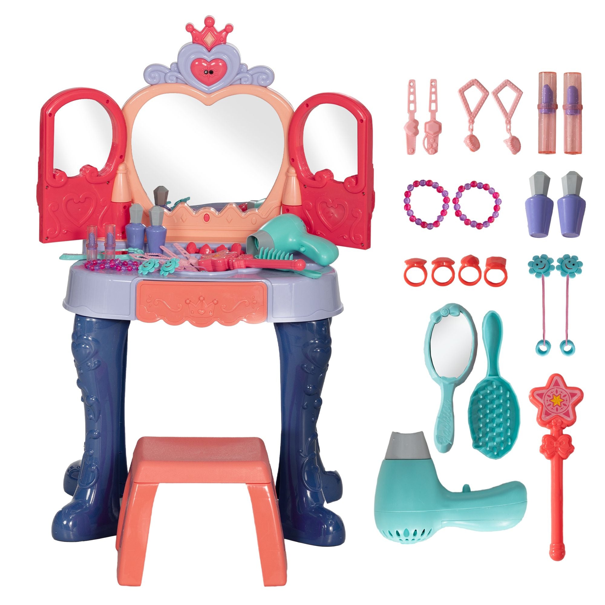 Qaba Kids Vanity Set with Mirror and Stool, Toddler Makeup Table with Music, Light, Drawer, Hair Dryer, 20 Makeup Accessories, Girls Vanity for Ages 3-6, Multicolor