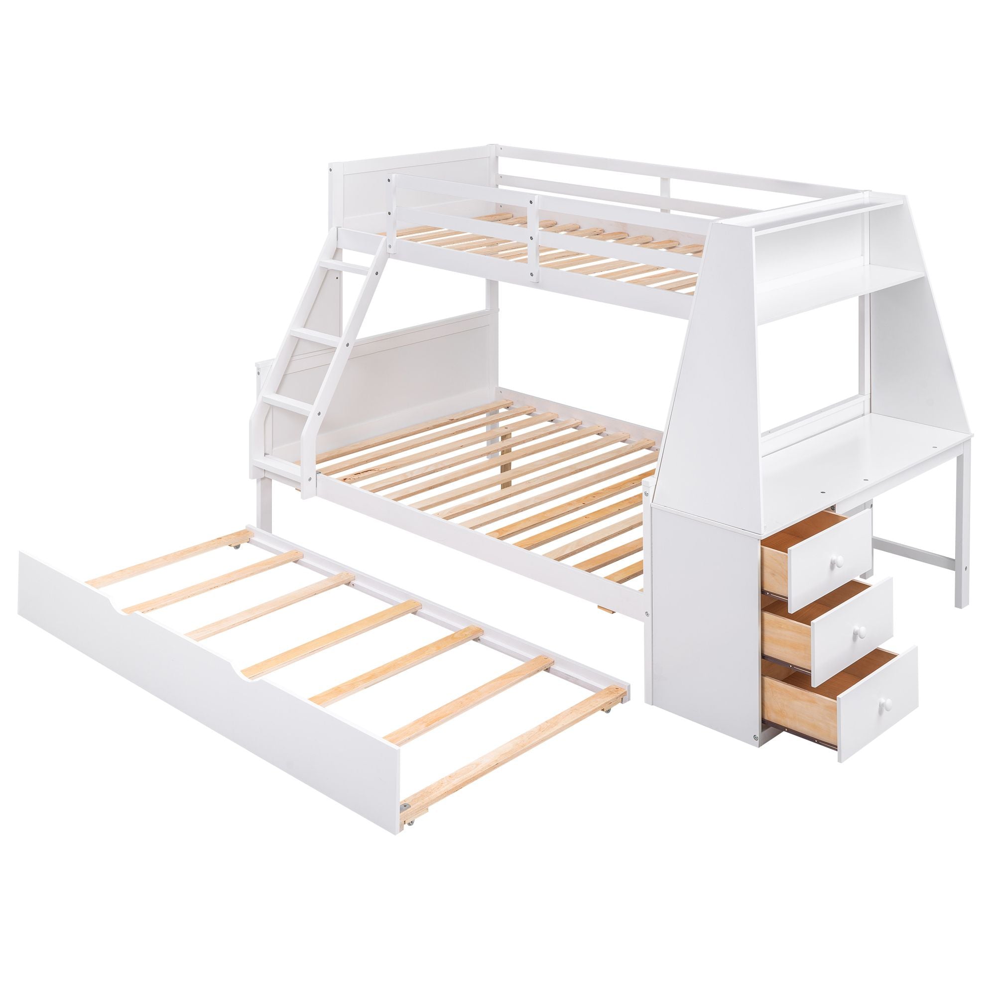 Twin over Full Bunk Bed with Trundle and Built-in Desk;  Three Storage Drawers and Shelf