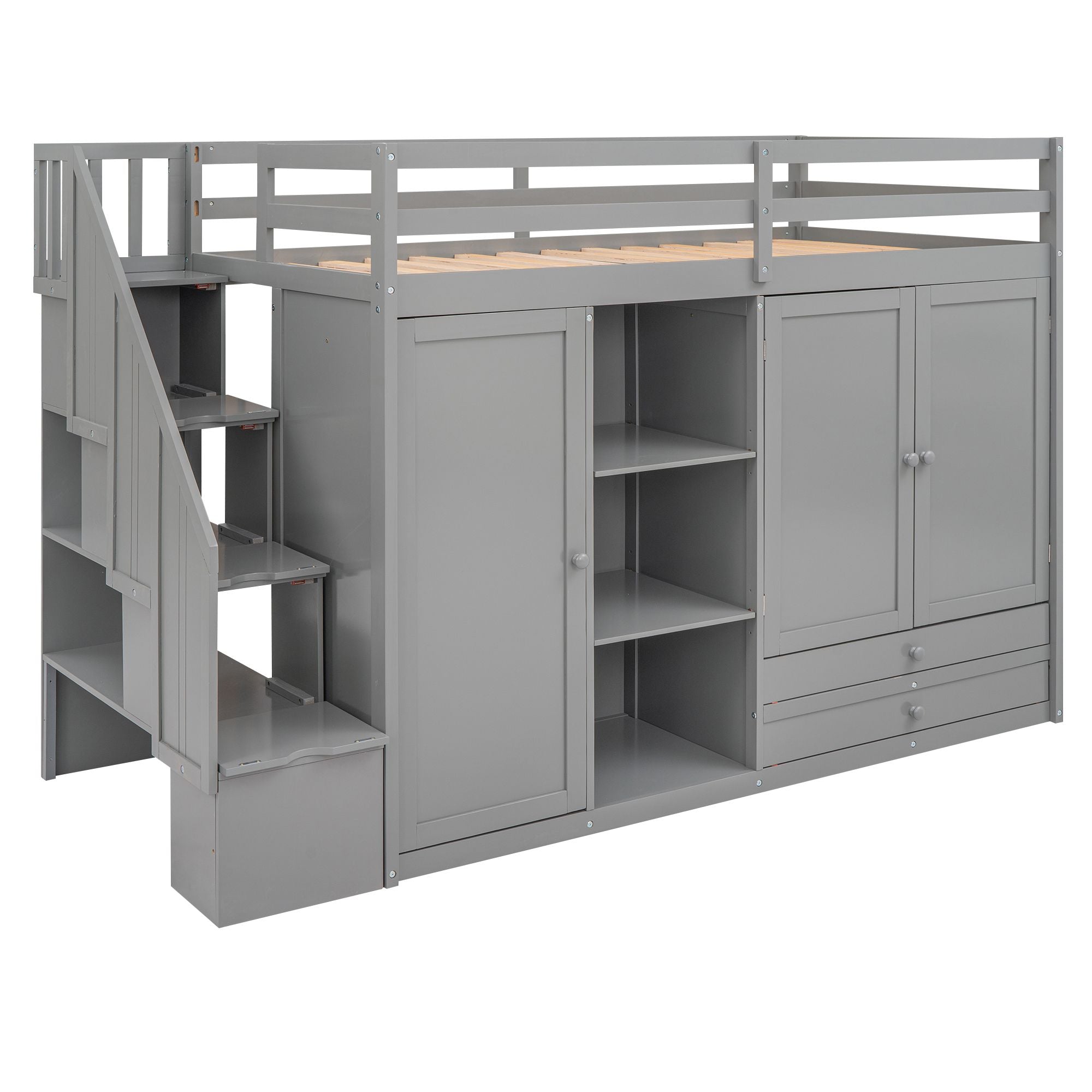 Functional Loft Bed with 3 Shelves;  2 Wardrobes and 2 Drawers;  Ladder with Storage;  No Box Spring Needed