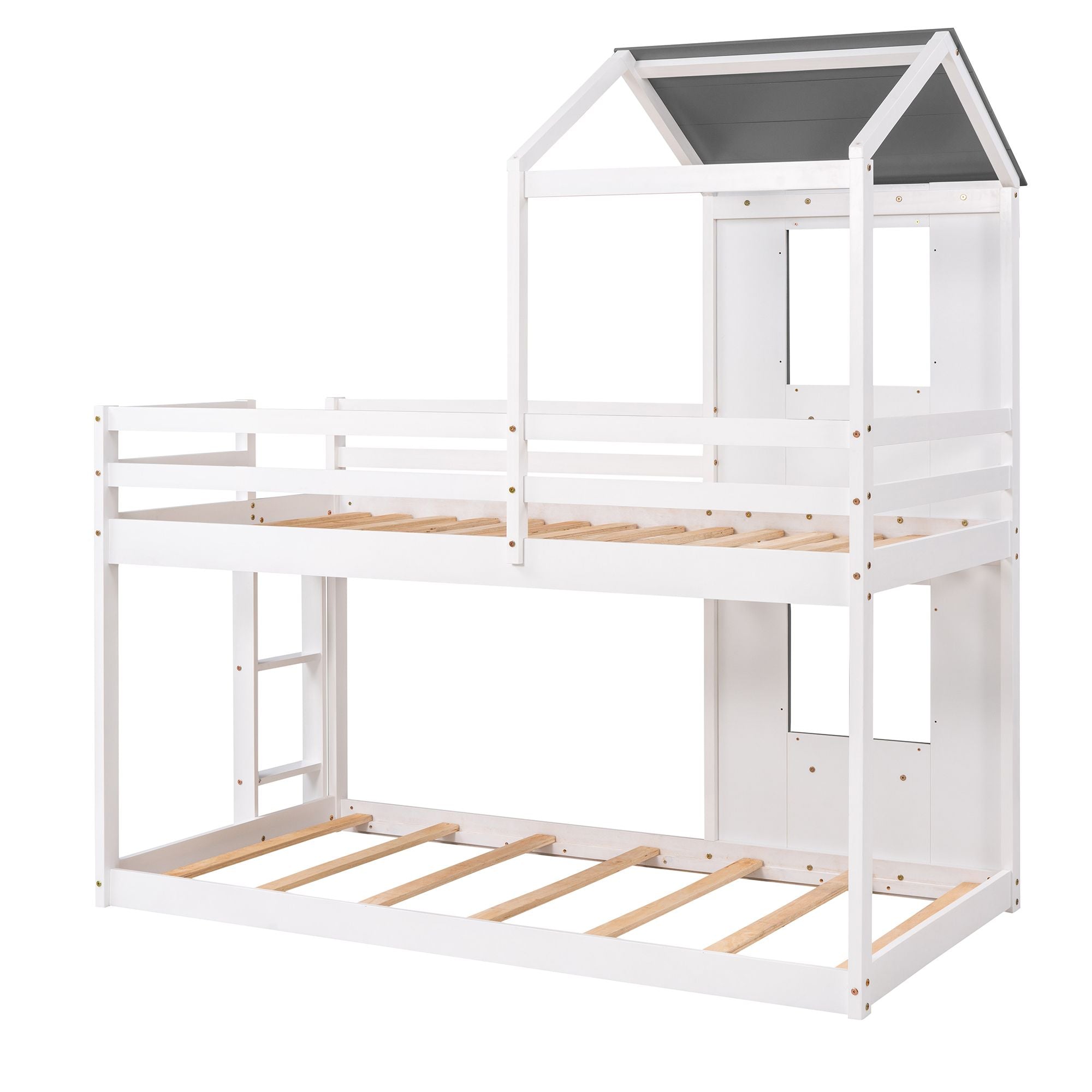 Twin Over Twin Bunk Bed Wood Bed with Roof;  Window;  Guardrail;  Ladder