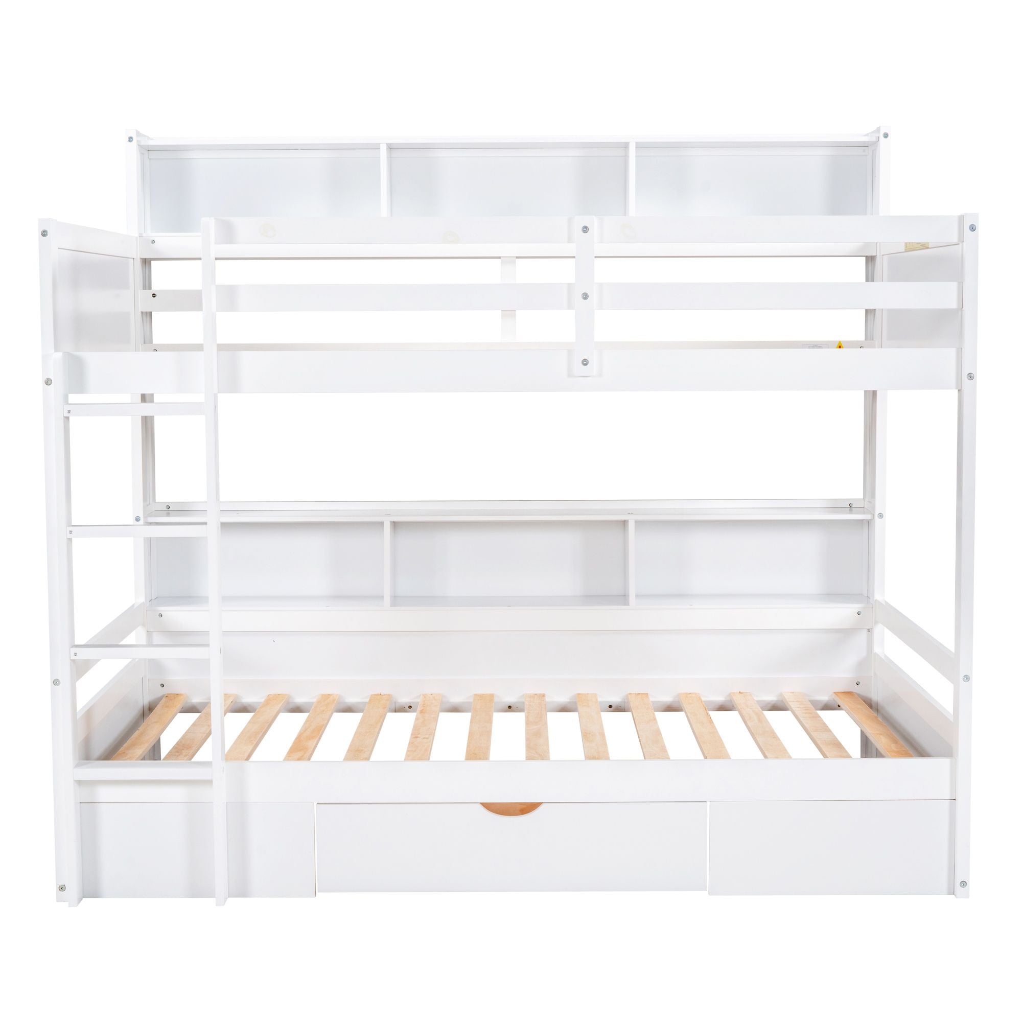 Twin Size Bunk Bed with Built-in Shelves Beside both Upper and Down Bed and Storage Drawe