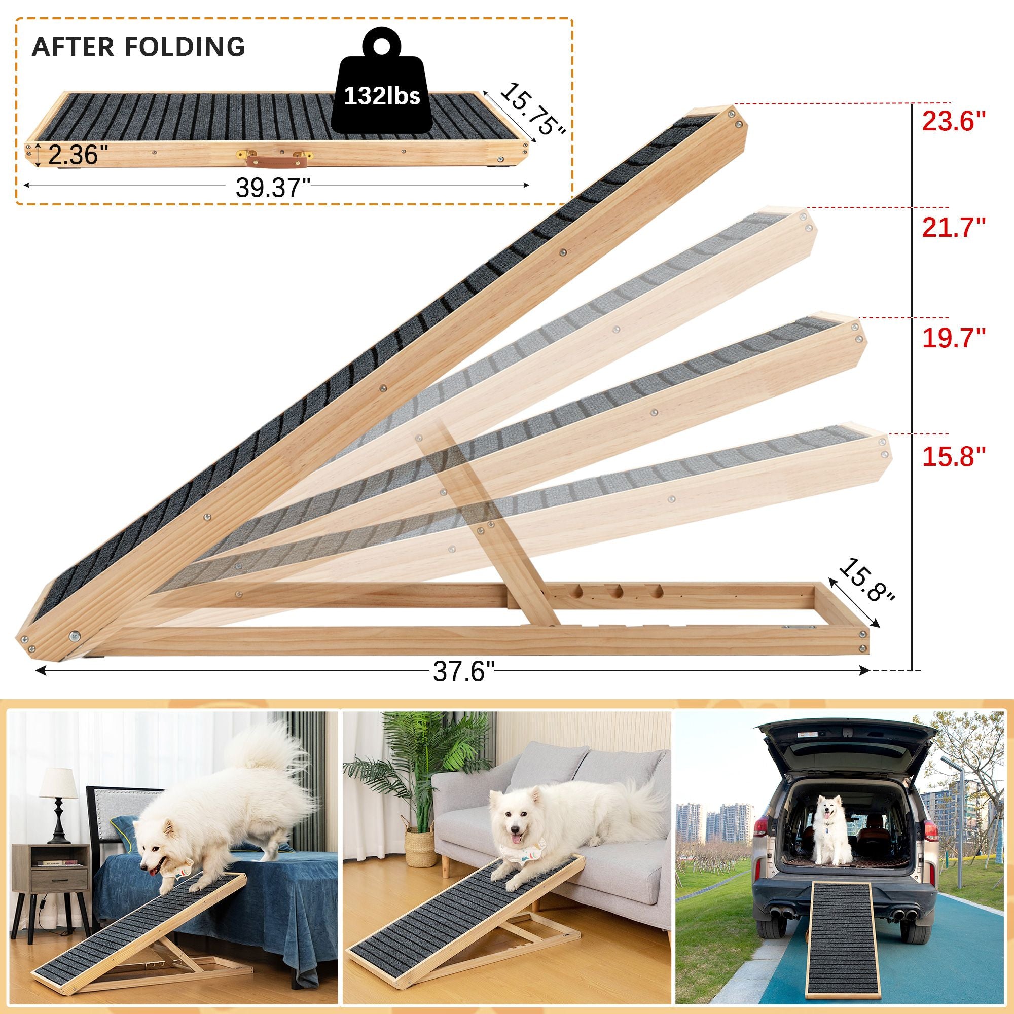 39” Long Wooden Pet Ramp - Folding Dog & Cat Ramp with Adjustable Height (15.8” to 23.6”) and Non-Slip Mat for Bed & Couch | Natural