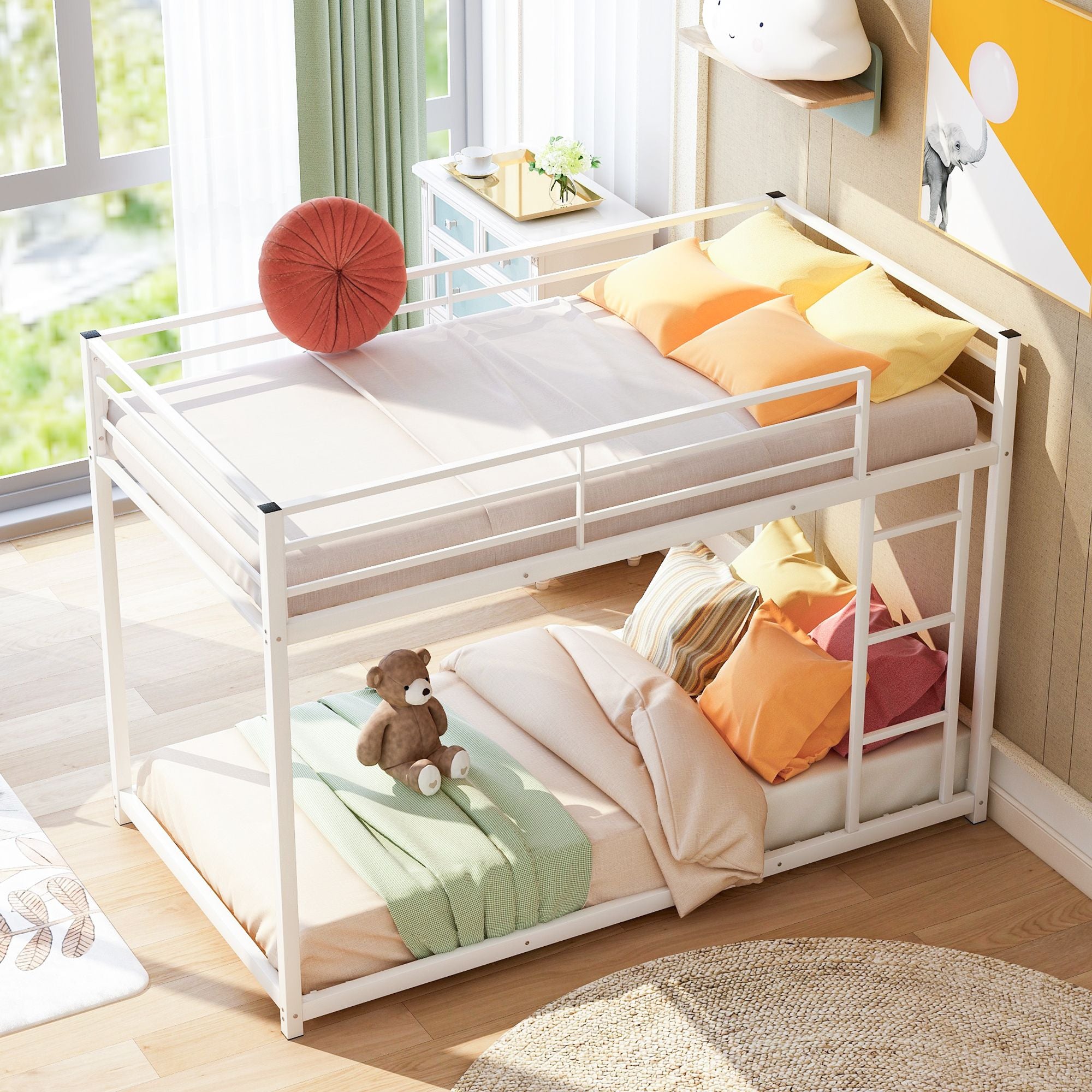 Twin over Twin Metal Bunk Bed;  Low Bunk Bed with Ladder