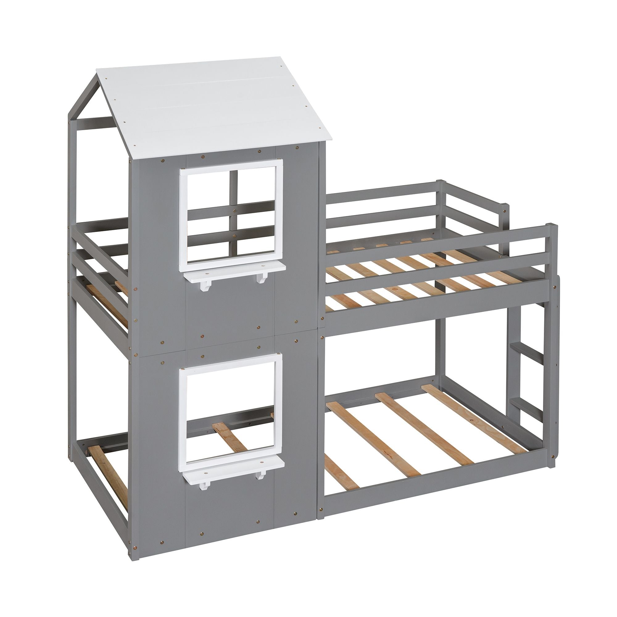 Twin Over Twin Bunk Bed Wood Bed with Roof;  Window;  Guardrail;  Ladder