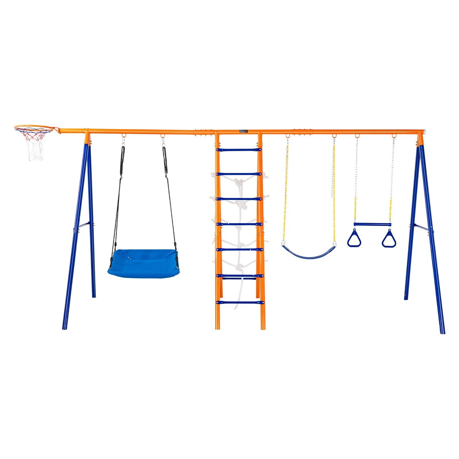 Versatile 6-in-1 A-Frame Swing Set for Kids - Includes Swings, Trapeze, Ladder, Climbing Net & Basketball Hoop