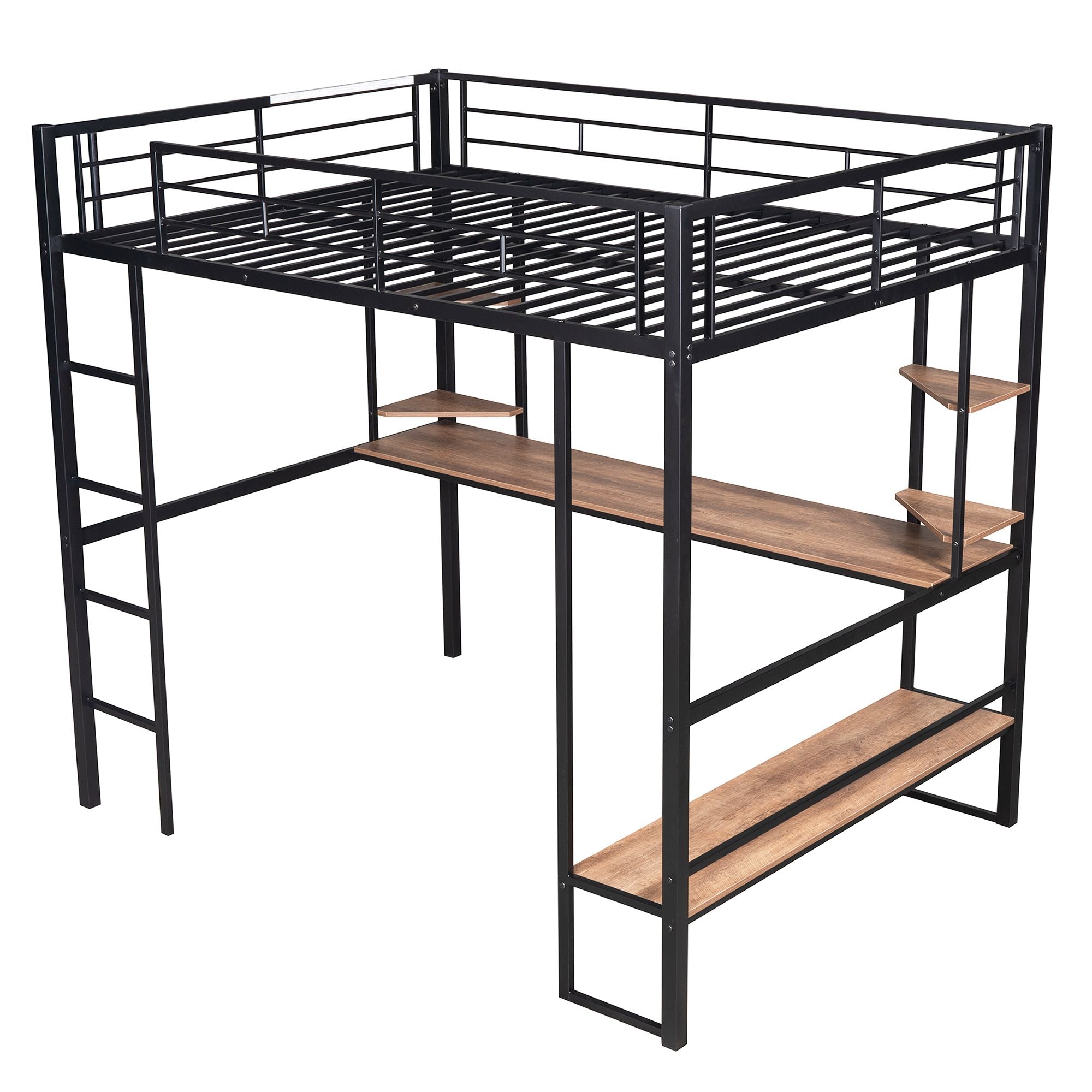 Full Size Loft Metal&MDF Bed with Long Desk and Shelves; Black