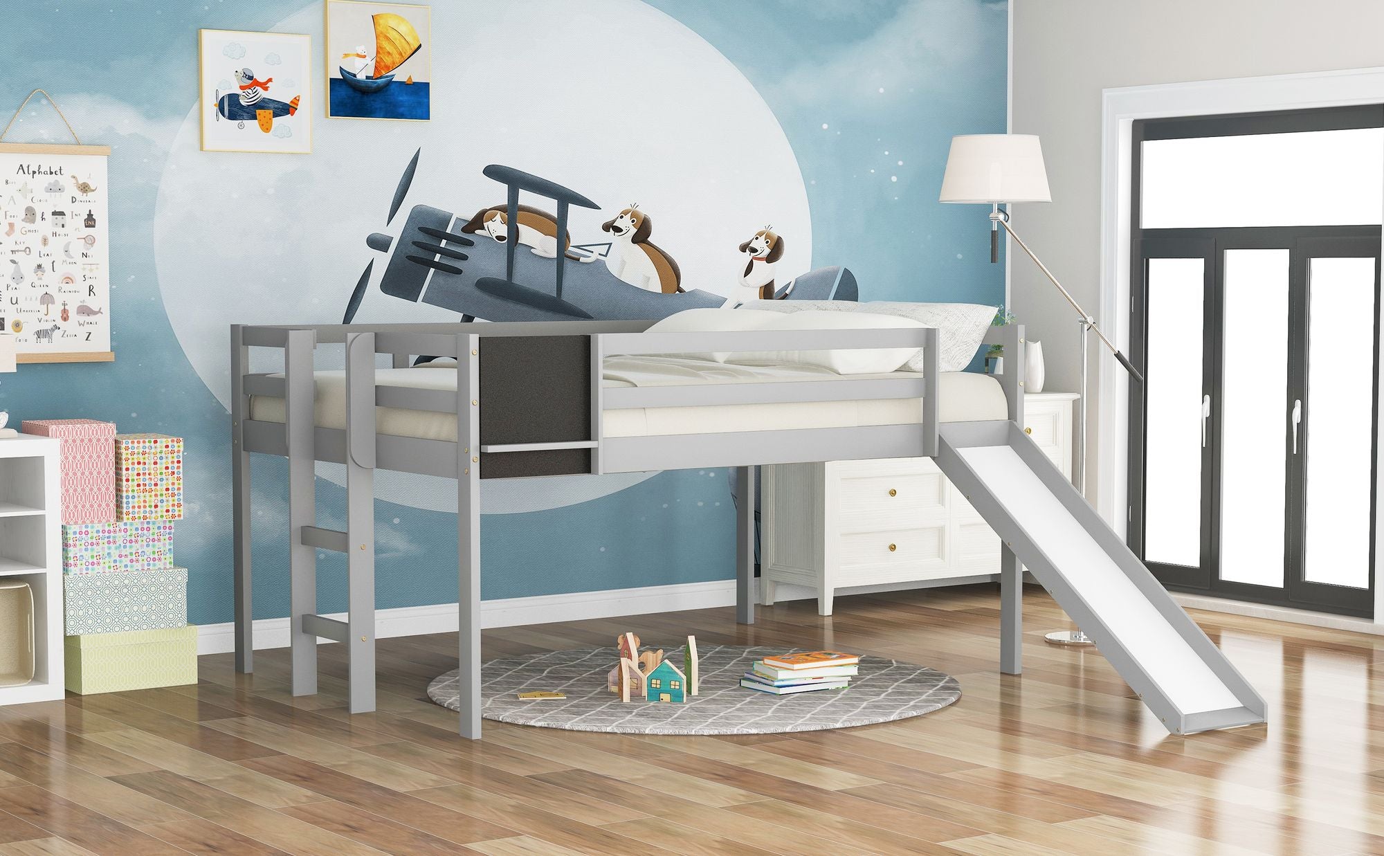 Full size Loft Bed Wood Bed with Slide;  Stair and Chalkboard