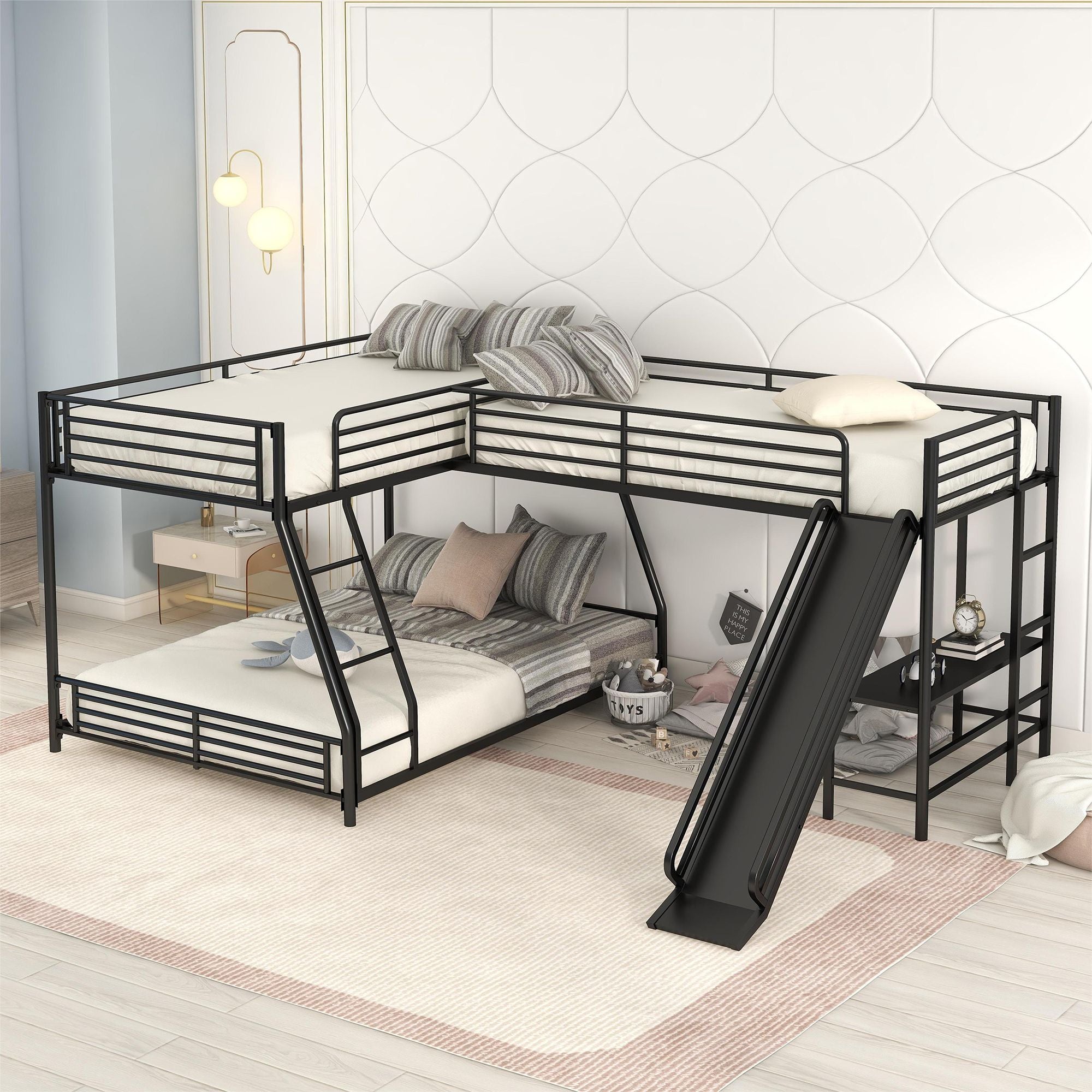 L-Shaped Twin over Full Bunk Bed with Twin Size Loft Bed; Built-in Desk and Slide