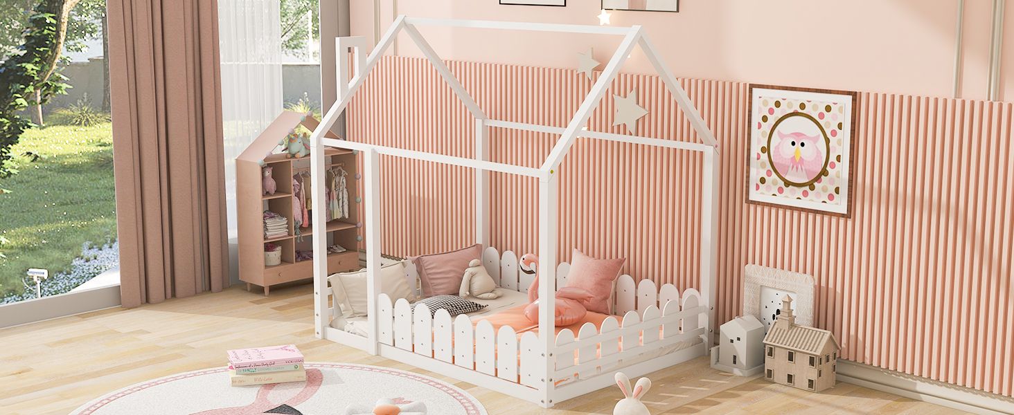 (Slats are not included) Full Size Wood Bed House Bed Frame with Fence;  for Kids;  Teens;  Girls;  Boys