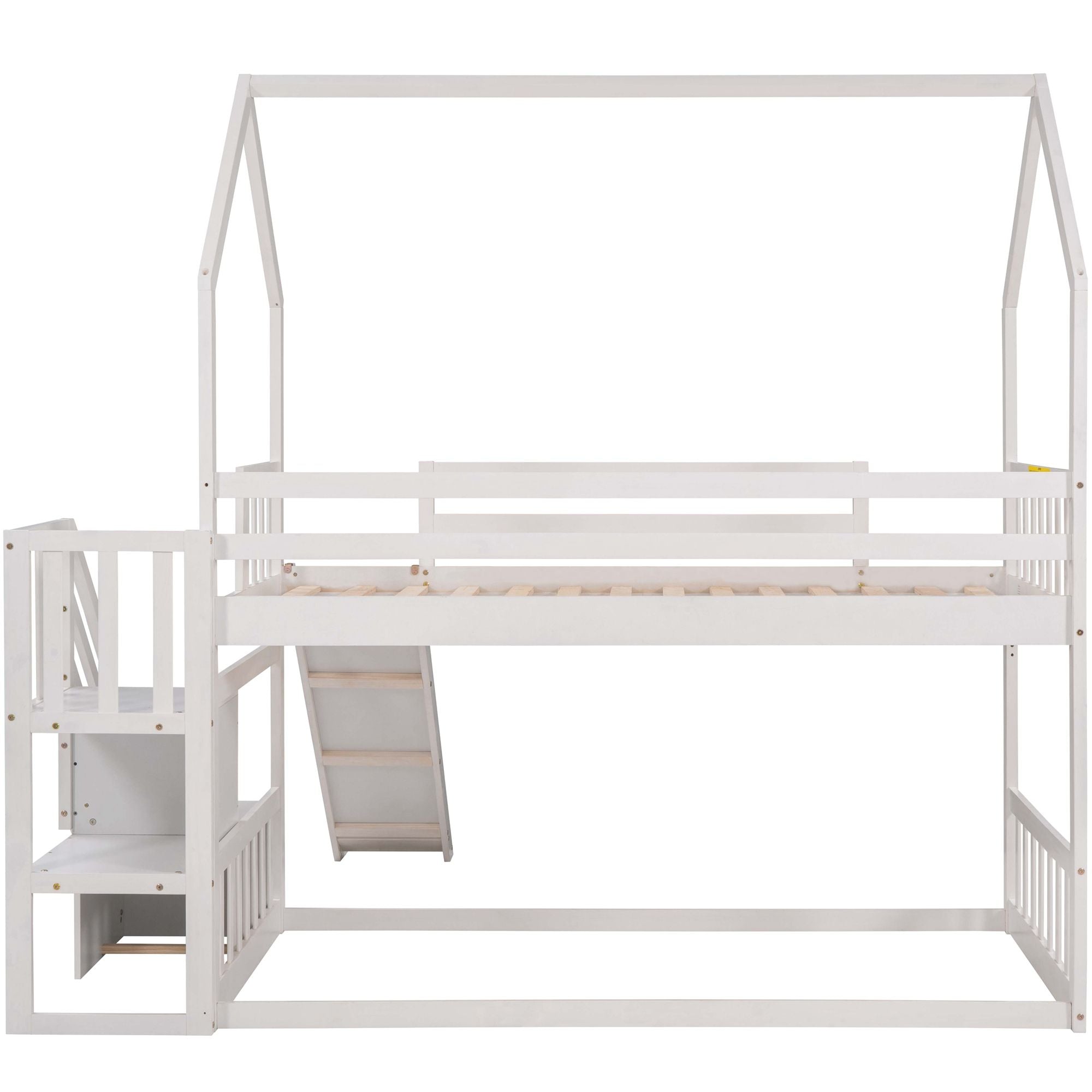 Twin over Twin House Bunk Bed with Convertible Slide; Storage Staircase