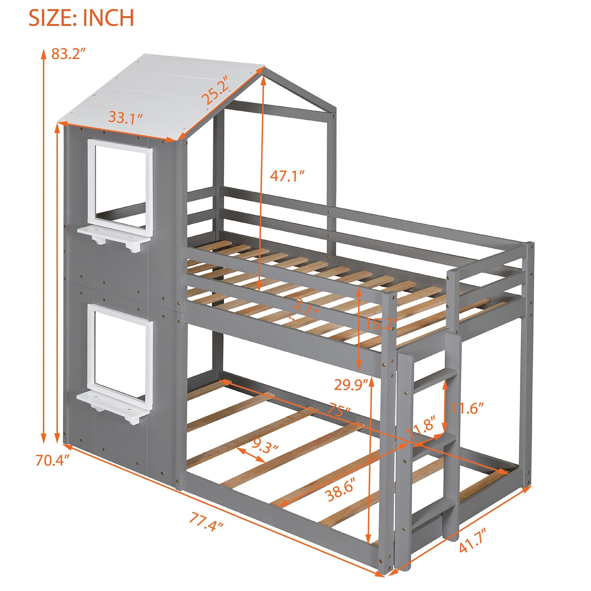 Twin Over Twin Bunk Bed Wood Bed with Roof;  Window;  Guardrail;  Ladder