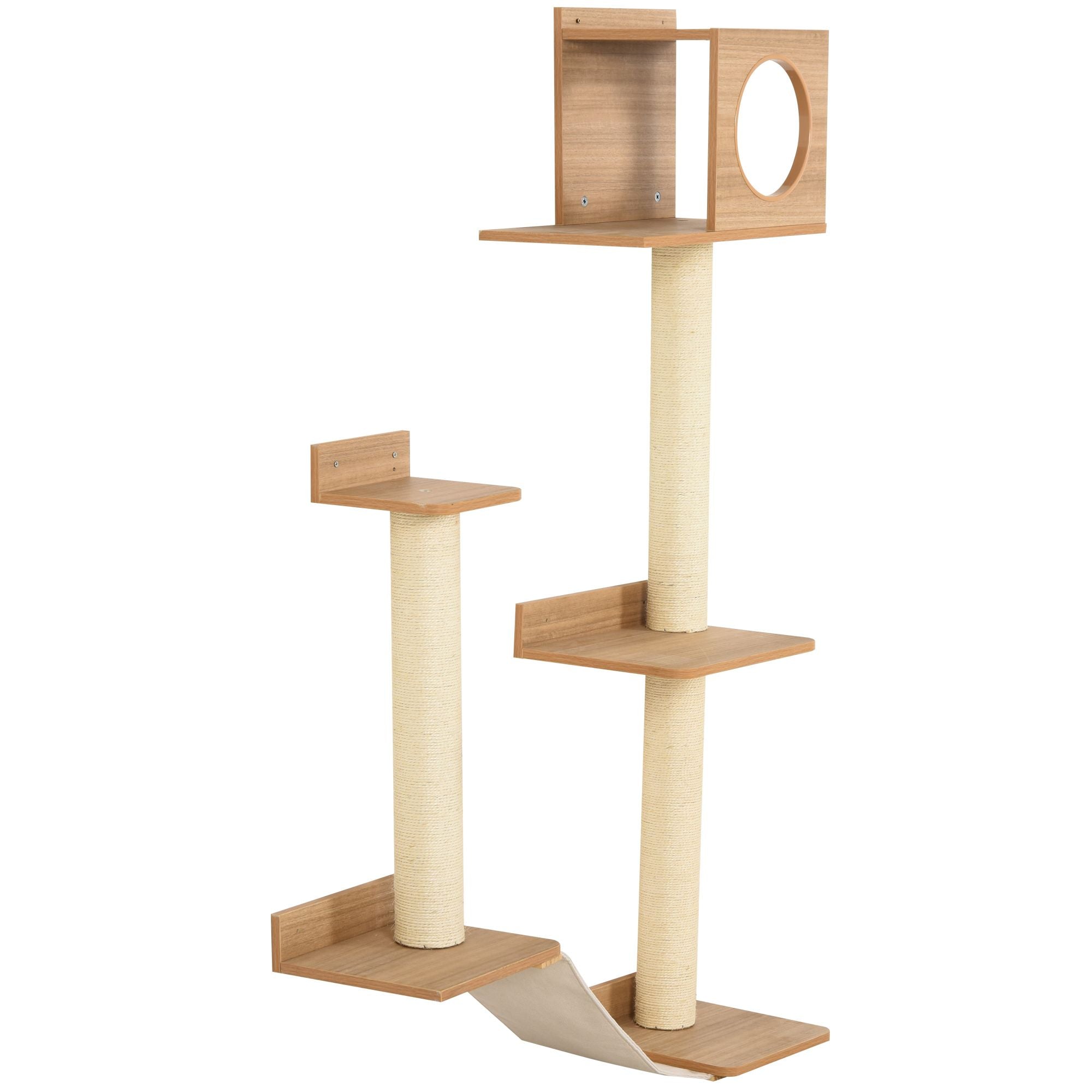 PawHut Wall-Mounted Cat Tree - Multi-Level Activity Tower with Sisal Scratching Posts & Cozy Interior Condo for Cats