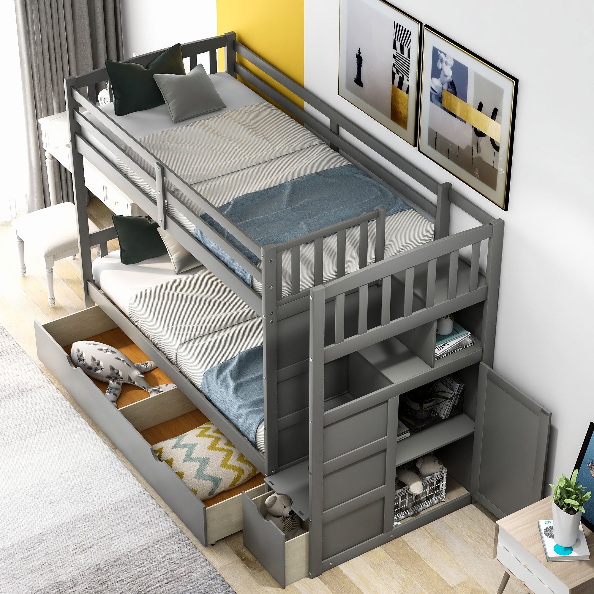 Twin over Full/Twin Bunk Bed;  Convertible Bottom Bed;  Storage Shelves and Drawers;  Gray