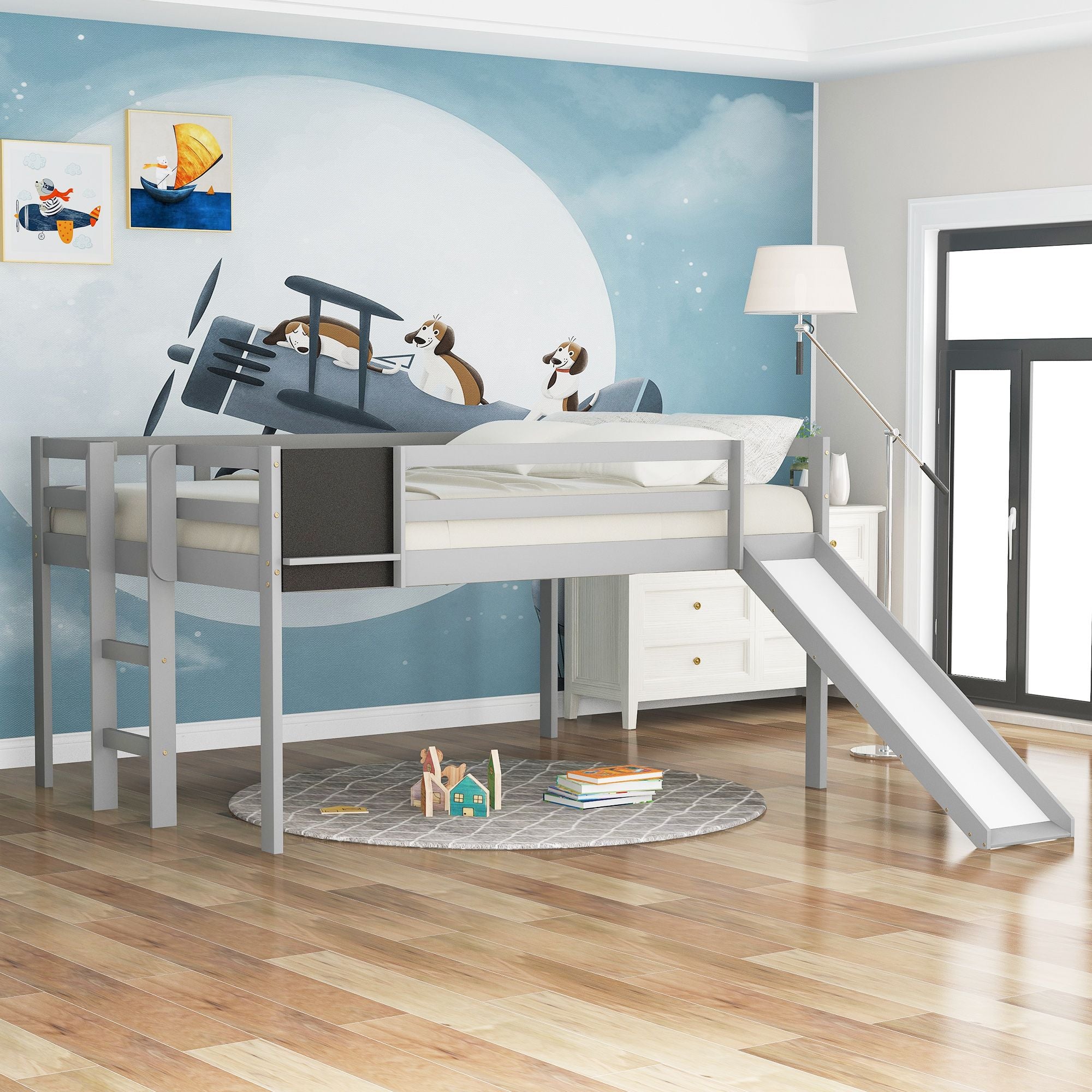 Full size Loft Bed Wood Bed with Slide;  Stair and Chalkboard