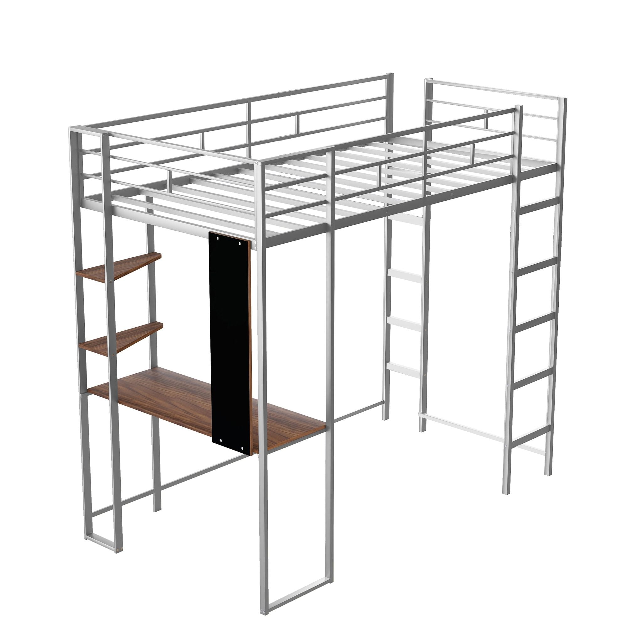 Twin Metal Loft Bed with 2 Shelves and one Desk