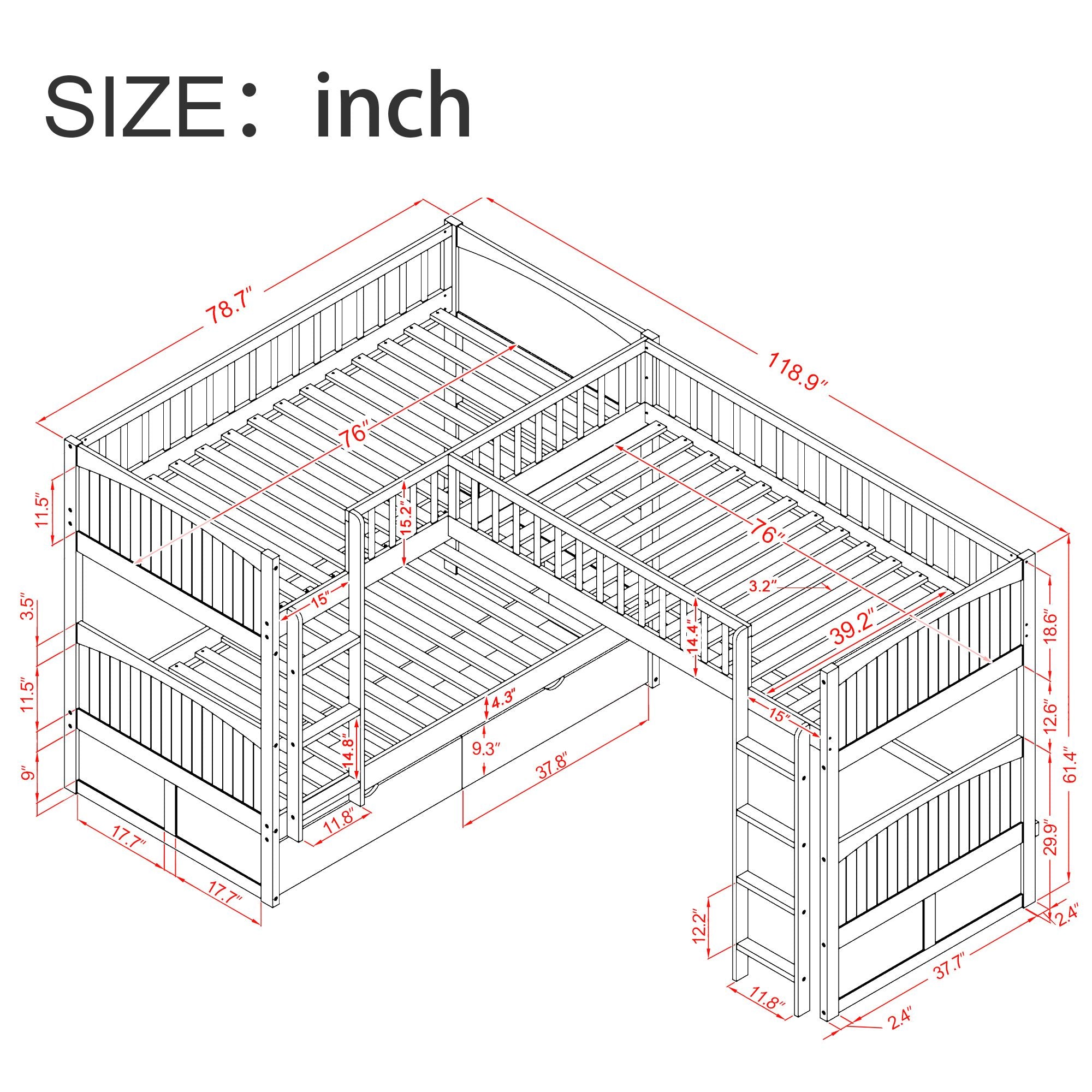 Twin Size Bunk Bed with a Loft Bed attached, with Two Drawers,White