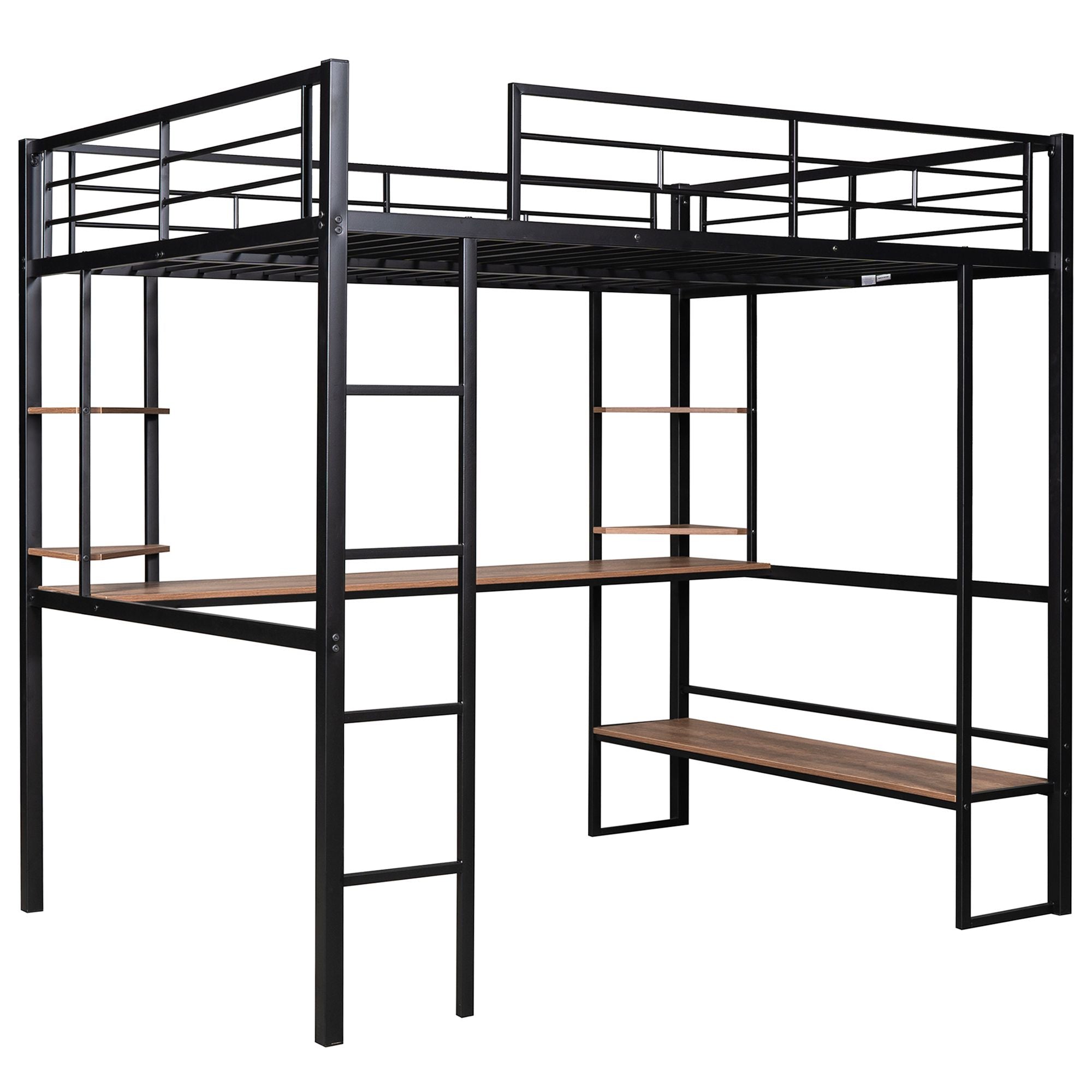 Full Size Loft Metal&MDF Bed with Long Desk and Shelves; Black