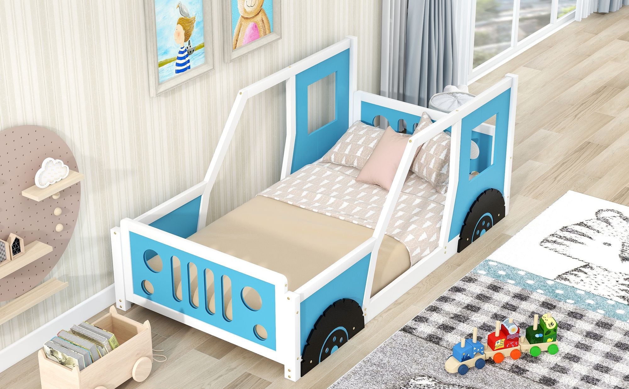 Twin Size Classic Car-Shaped Platform Bed with Wheels