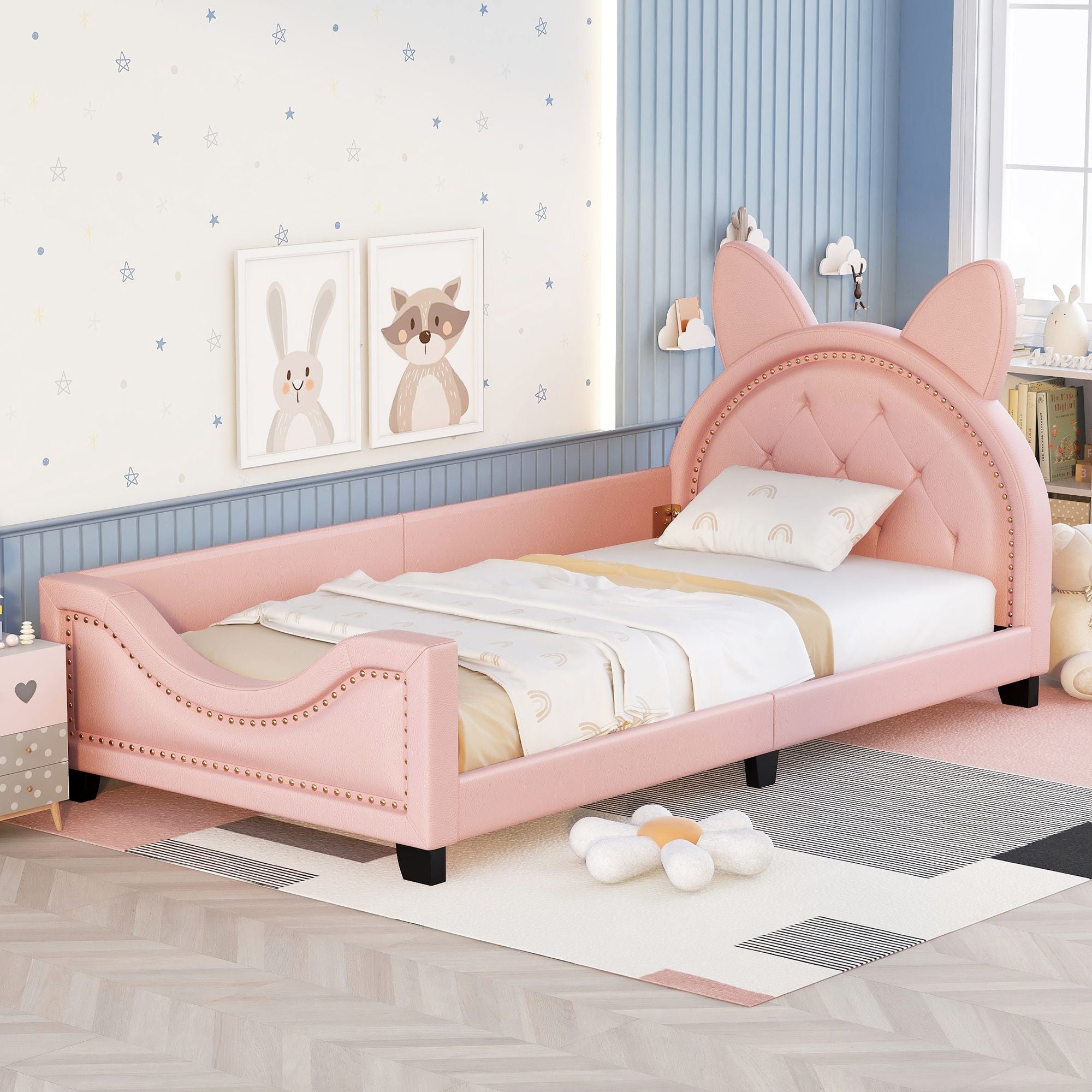 Twin Size Upholstered Daybed with Carton Ears Shaped Headboard