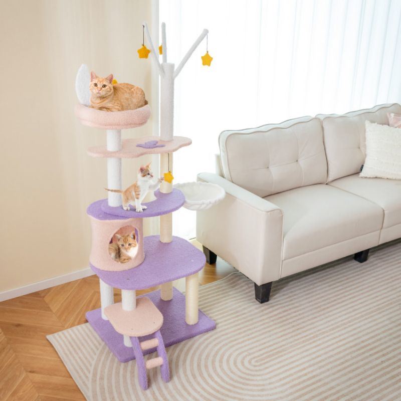 Whimsical Multi-Level Cat Tower with Sisal Scratching Posts, Hammock, and Star Decor – Perfect for Multiple Cats