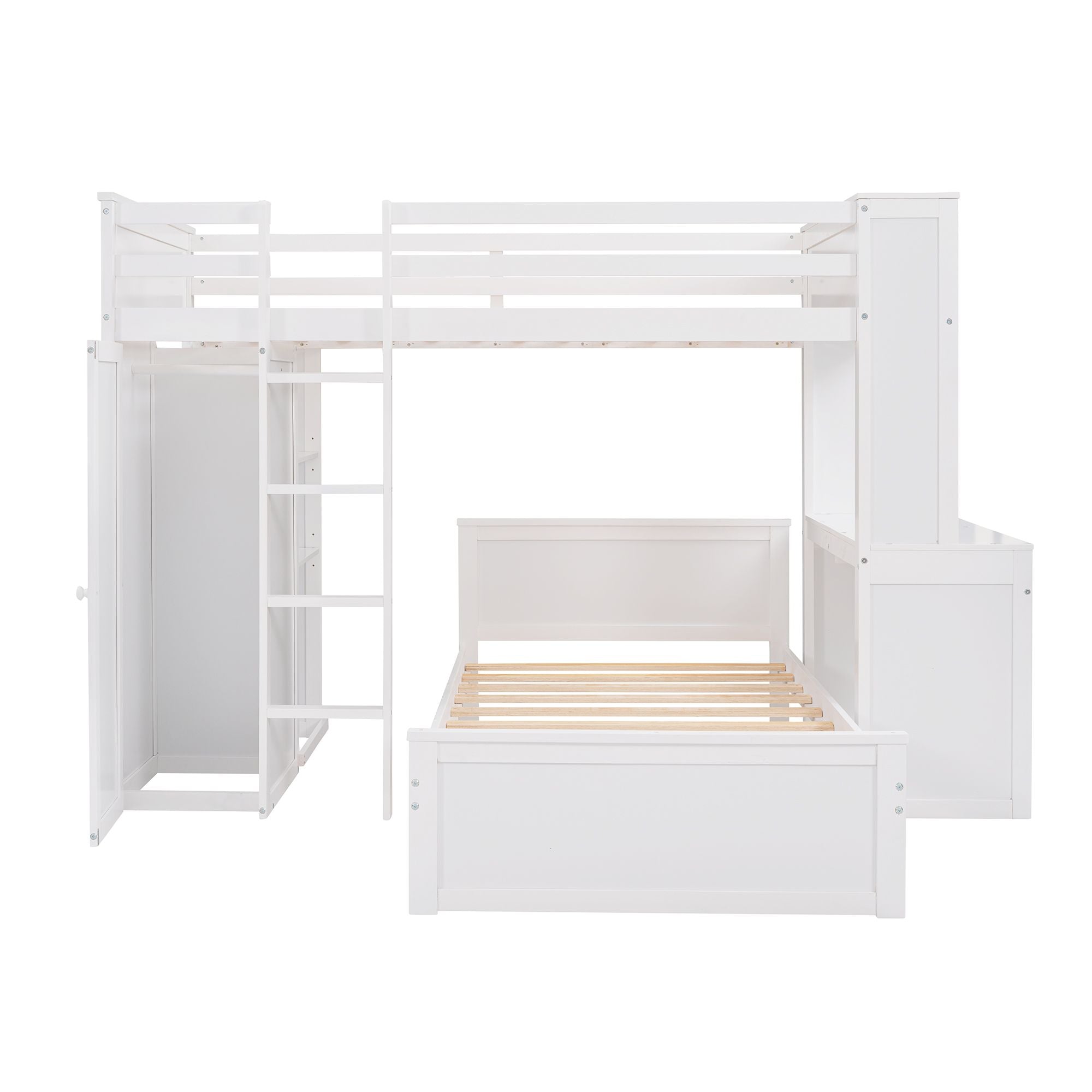 Twin size Loft Bed with a Stand-alone bed;  Shelves; Desk; and Wardrobe