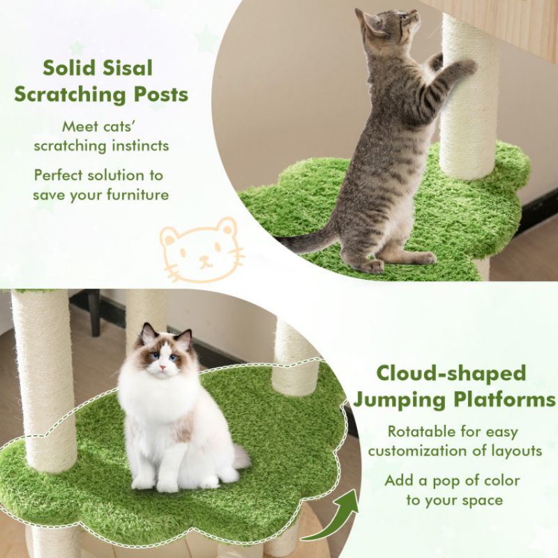 55-Inch Tall Cat Climbing Stand with Sisal Scratching Posts & Soft Bed, Multi-Level Cat Tower for Indoor Kittens, Pine Wood Structure