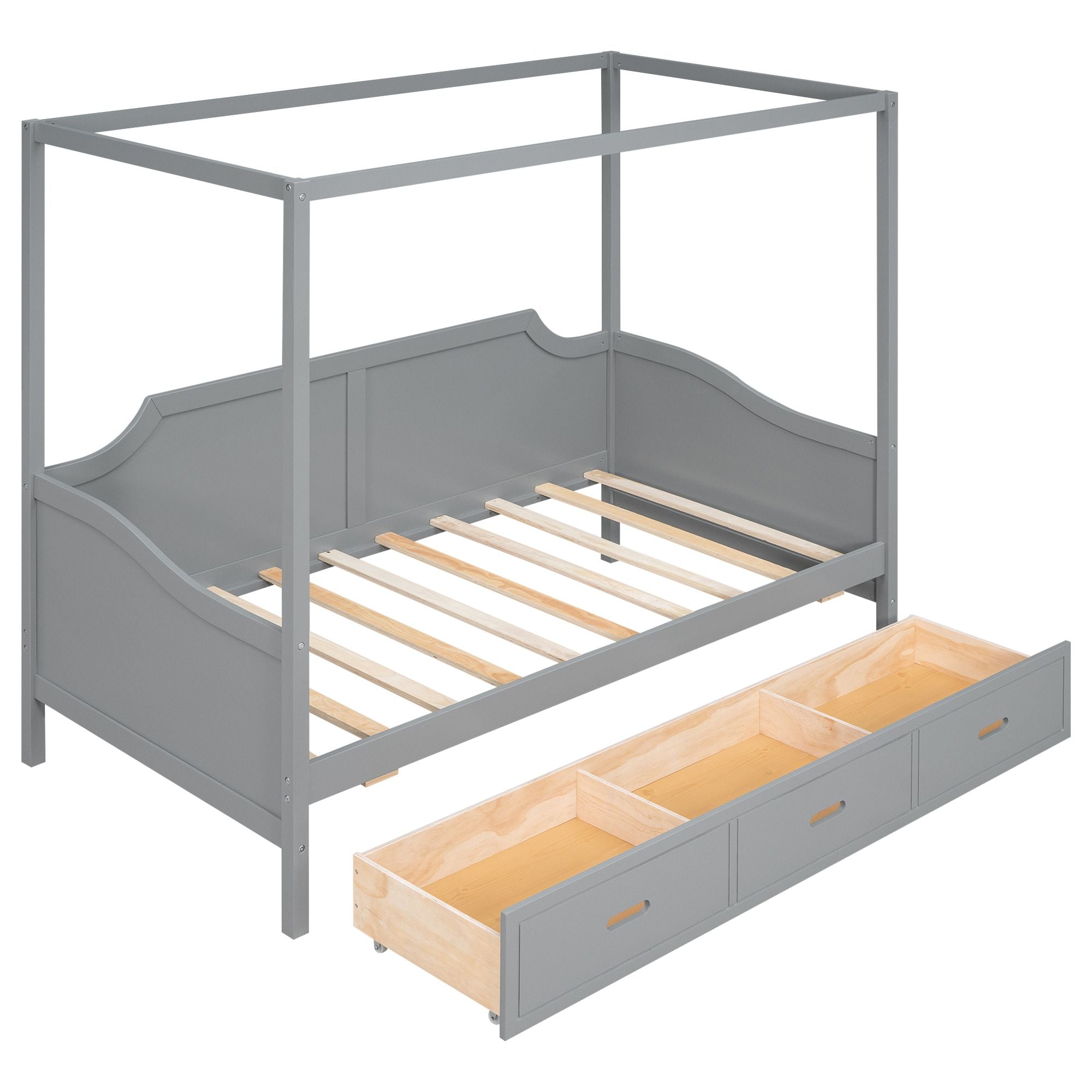 Twin Size Wooden Canopy Daybed with 3 in 1 Storage Drawers