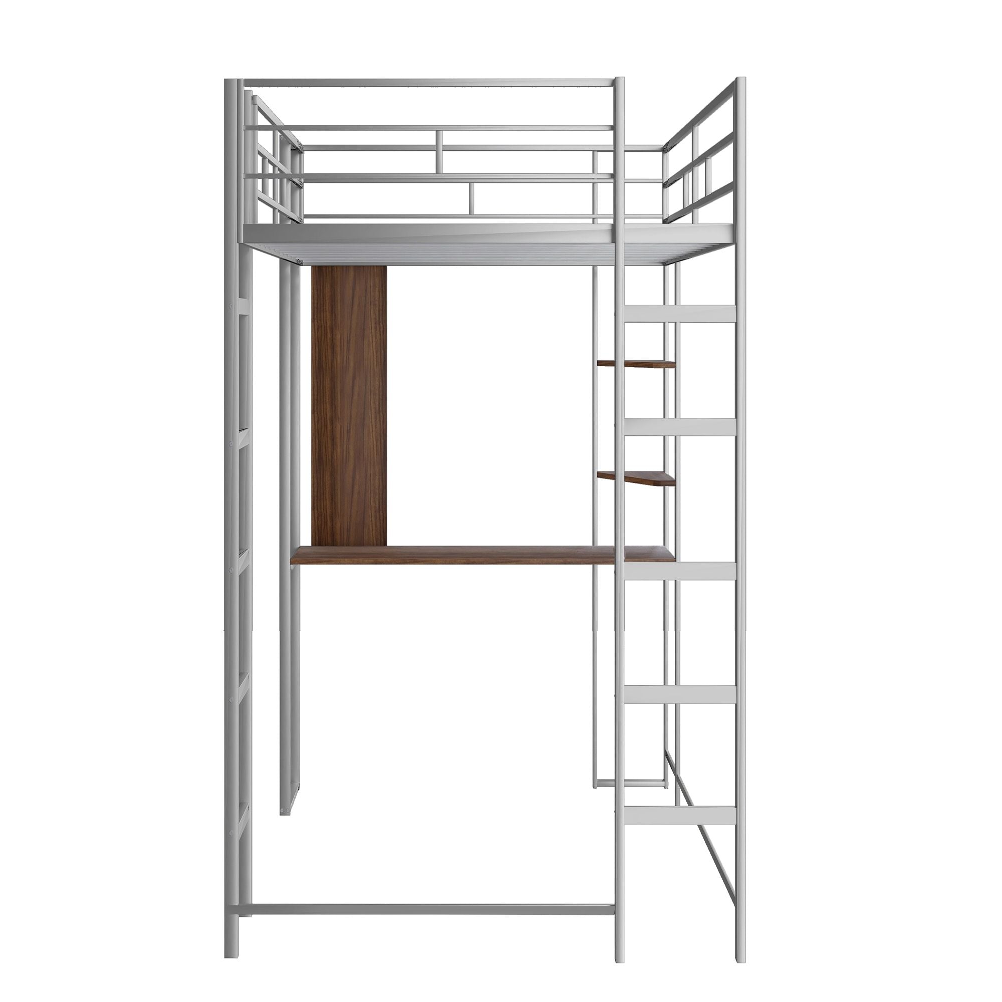 Twin Metal Loft Bed with 2 Shelves and one Desk