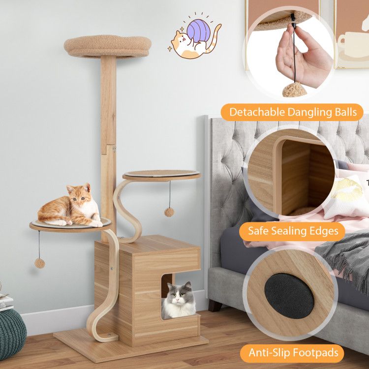 4-Layer Wooden Cat Tree 51" Tall Cat Tower with Condo and Washable Cushions