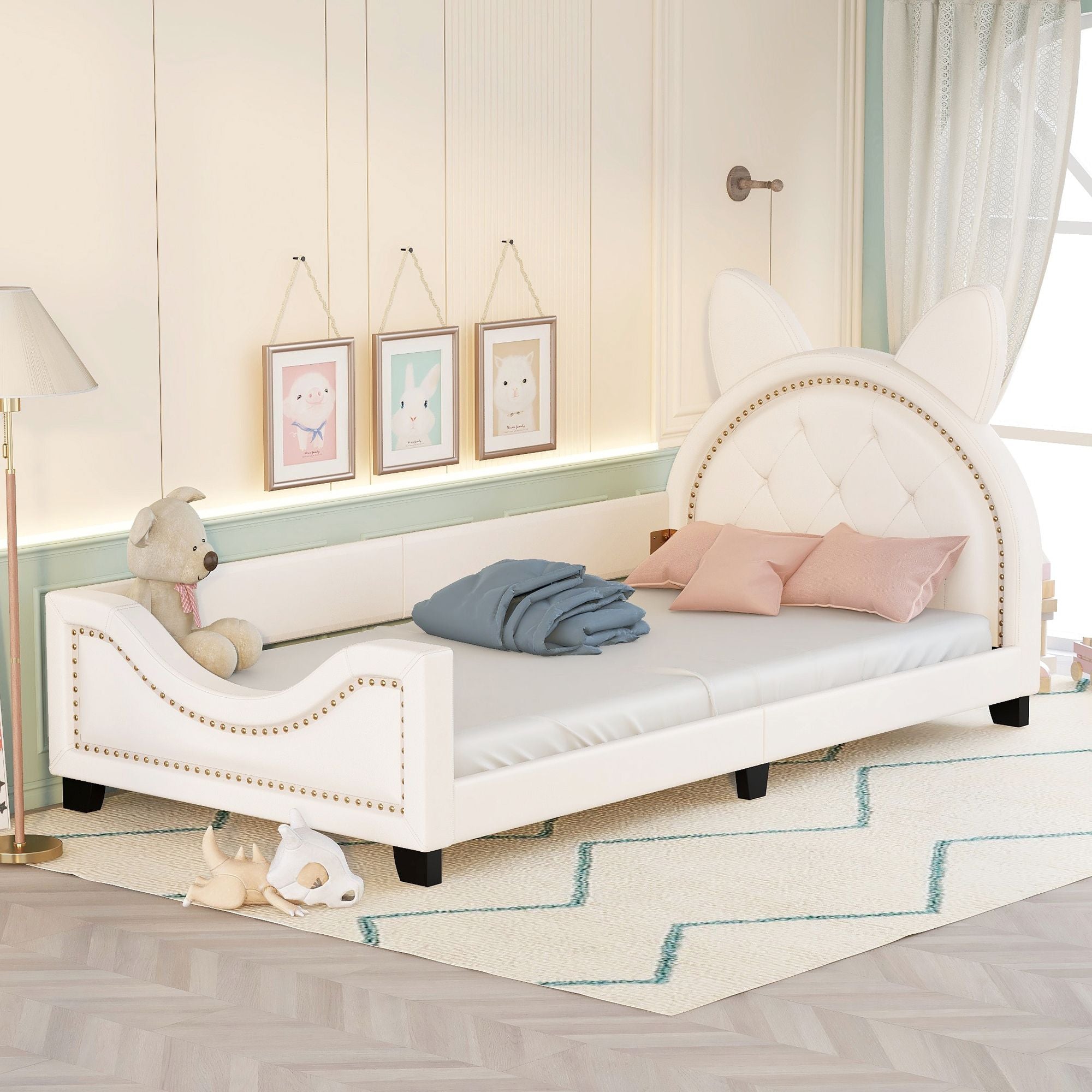 Twin Size Upholstered Daybed with Carton Ears Shaped Headboard