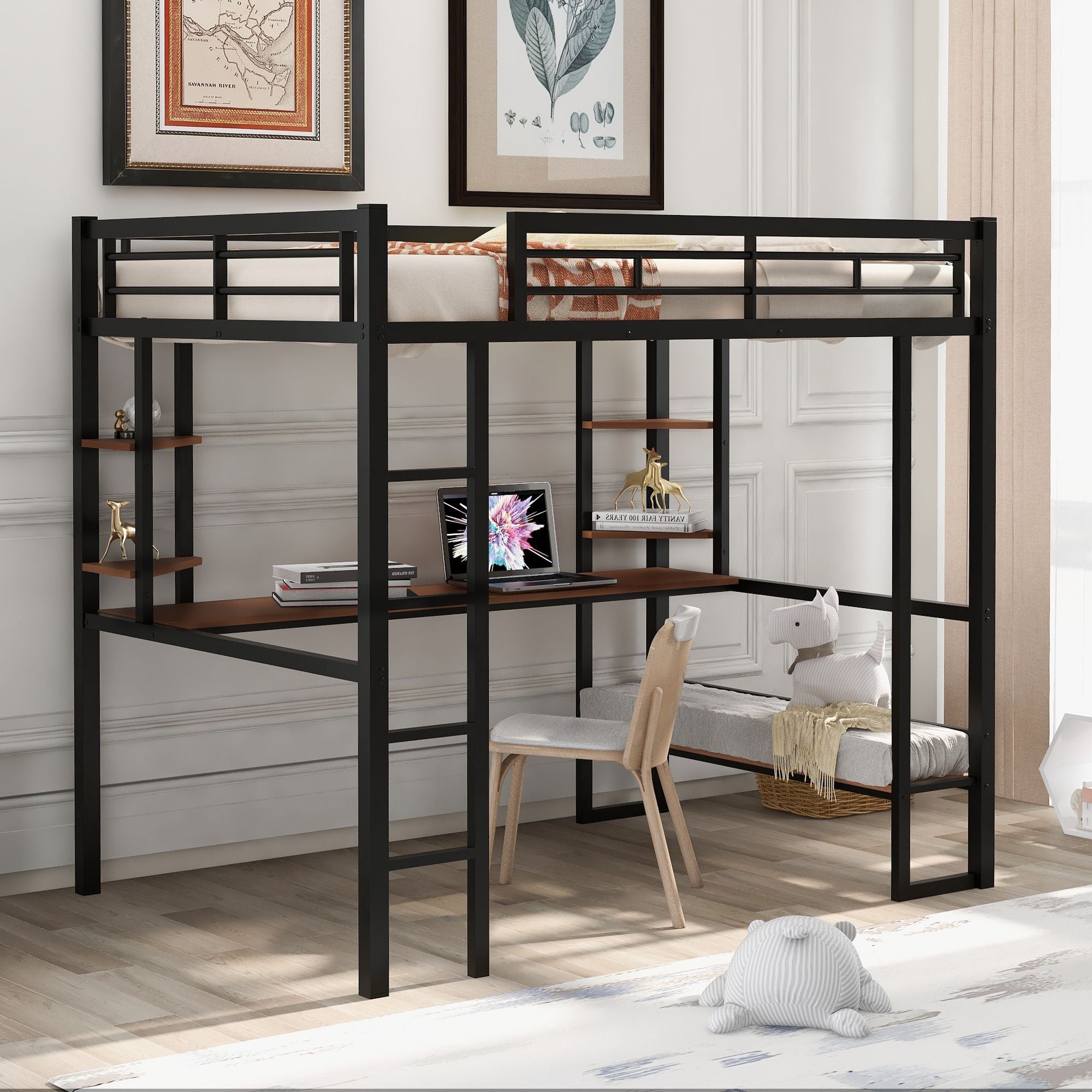 Full Size Loft Metal&MDF Bed with Long Desk and Shelves; Black