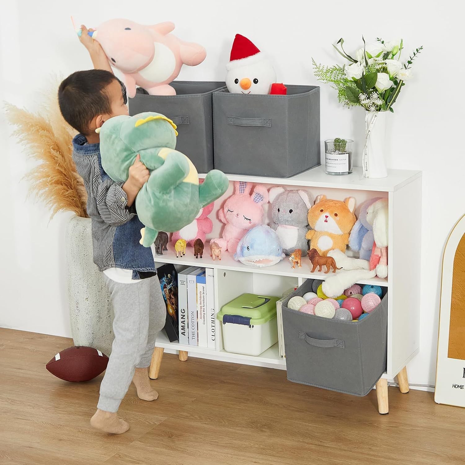 LED Kids Bookshelf and Toy Storage, Kids Bookcase with Storage, Kids Toy Storage Organizer, Bookshelf for Kids, Book Shelf for Kids Rooms and Bedroom,Kids Room Organizers and Storage(Grey)