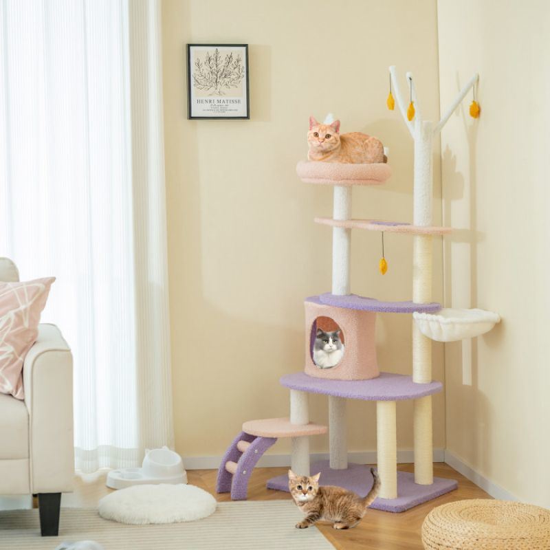 Whimsical Multi-Level Cat Tower with Sisal Scratching Posts, Hammock, and Star Decor – Perfect for Multiple Cats