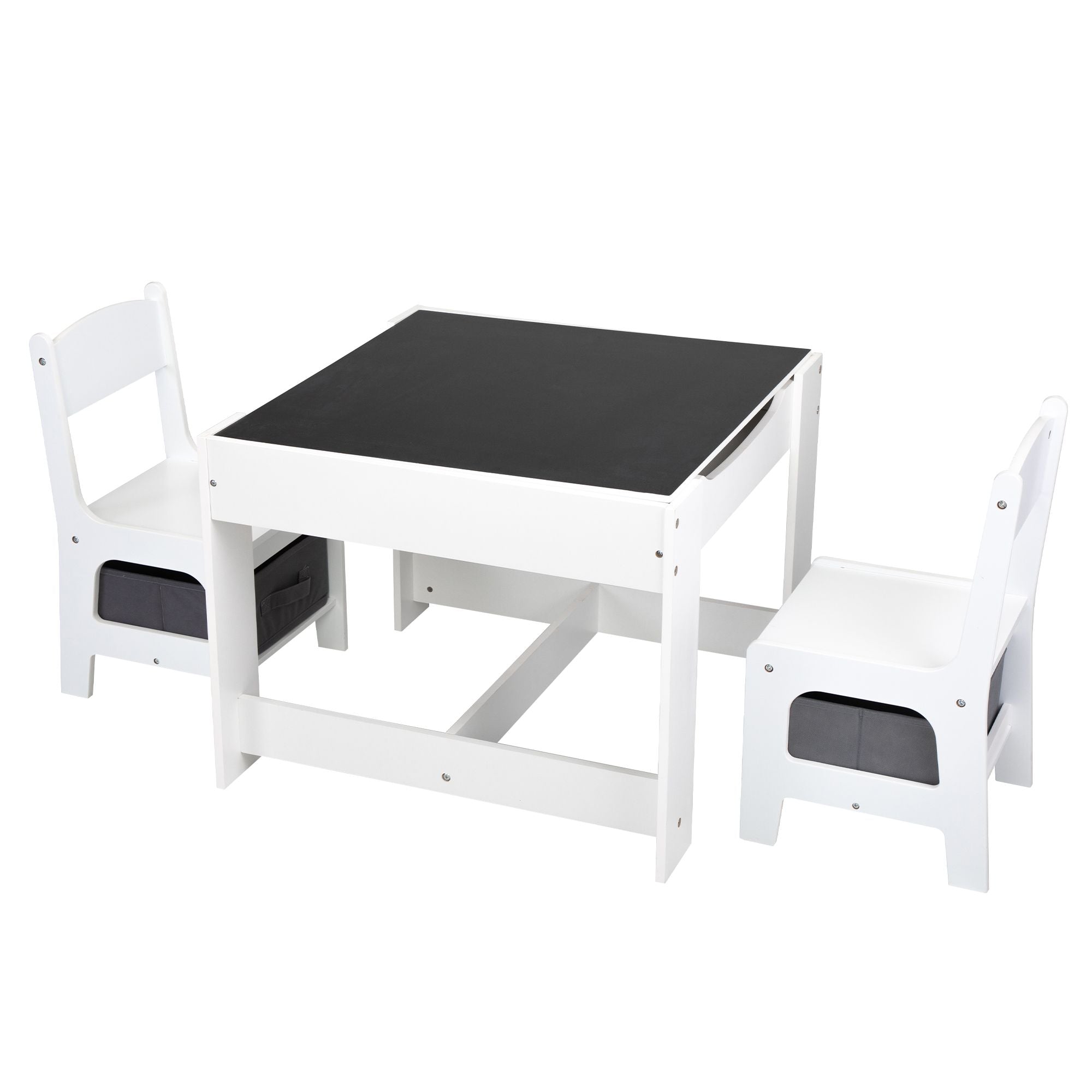 3-in-1 Kids Wood Table and 2 Chairs, Children Activity Table Set with Storage, Blackboard, Double-Sided Table for Drawing