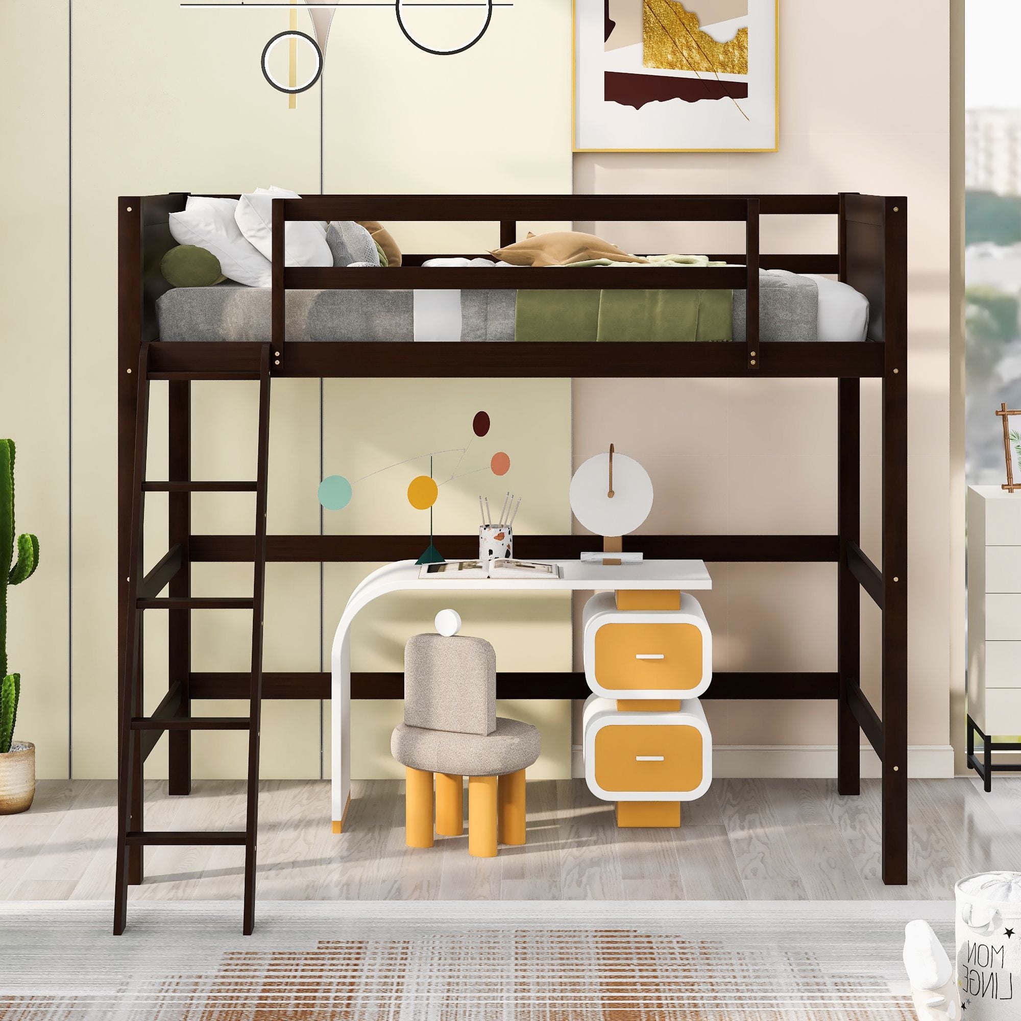 Solid Wood Twin Size Loft Bed with Ladde