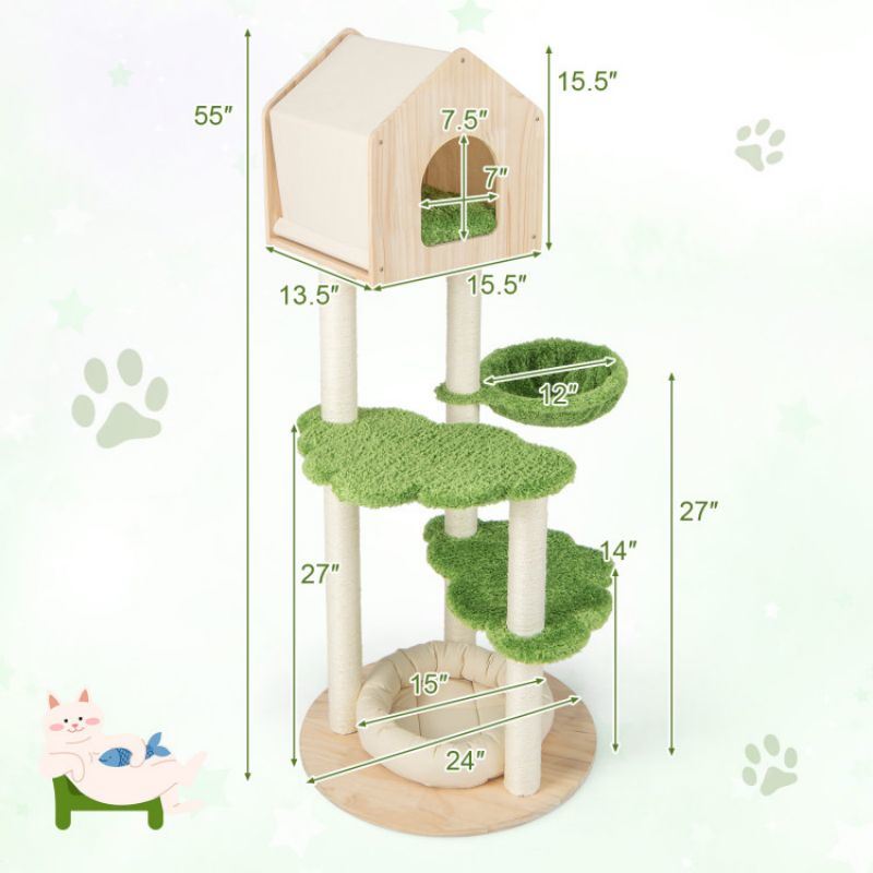 55-Inch Tall Cat Climbing Stand with Sisal Scratching Posts & Soft Bed, Multi-Level Cat Tower for Indoor Kittens, Pine Wood Structure