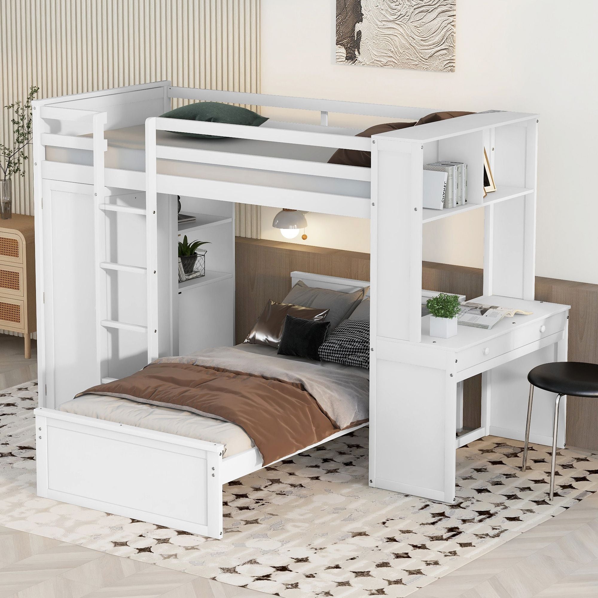 Twin size Loft Bed with a Stand-alone bed;  Shelves; Desk; and Wardrobe