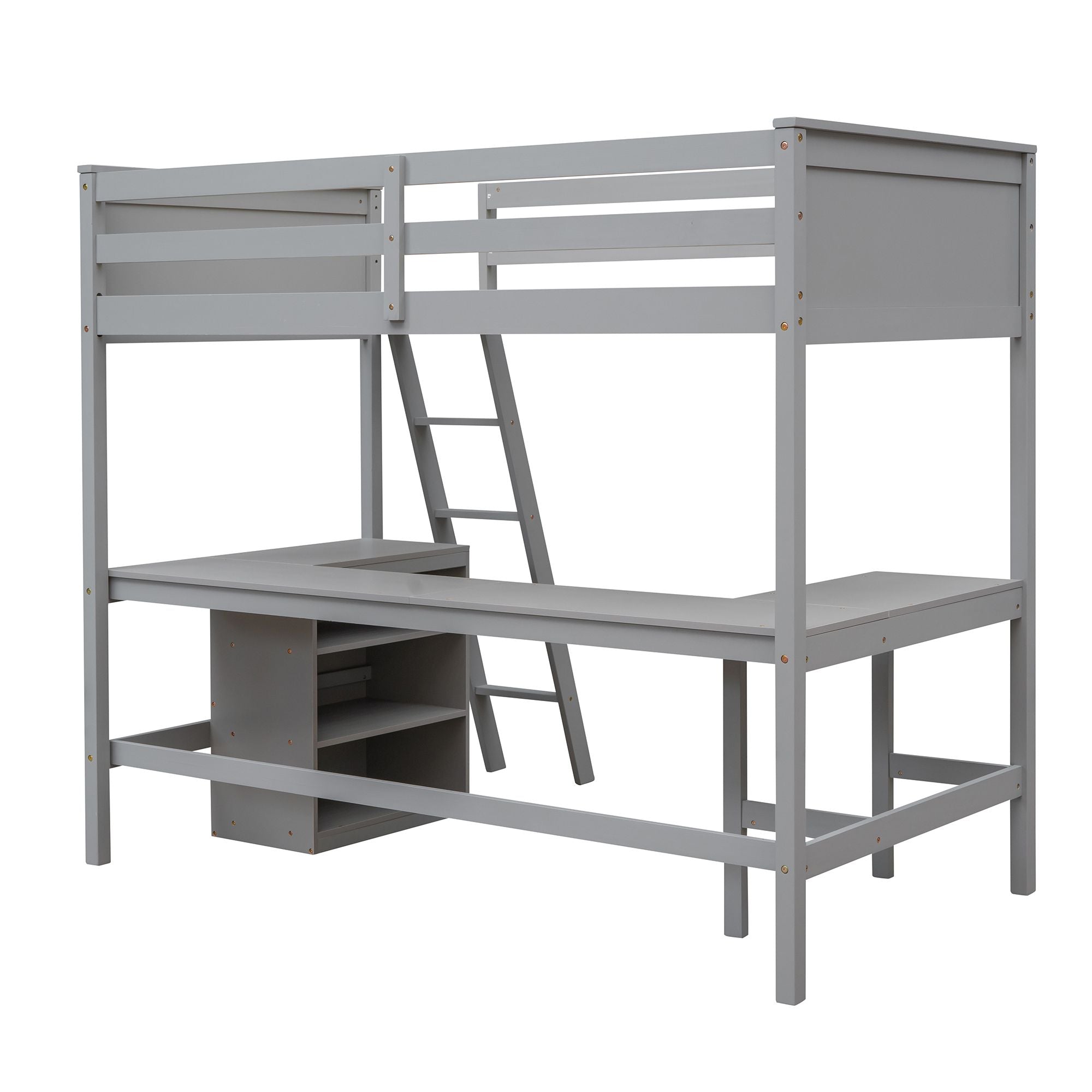 Twin size Loft Bed with Shelves and Desk;  Wooden Loft Bed with Desk