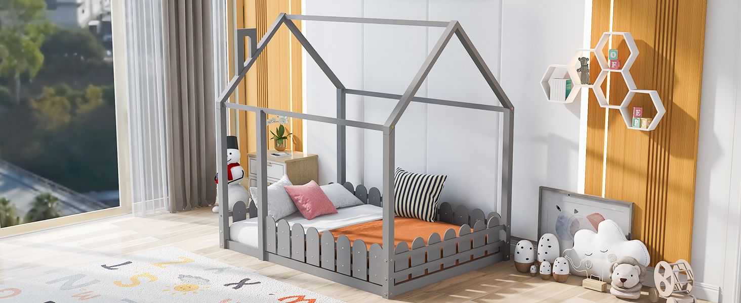 (Slats are not included) Full Size Wood Bed House Bed Frame with Fence;  for Kids;  Teens;  Girls;  Boys