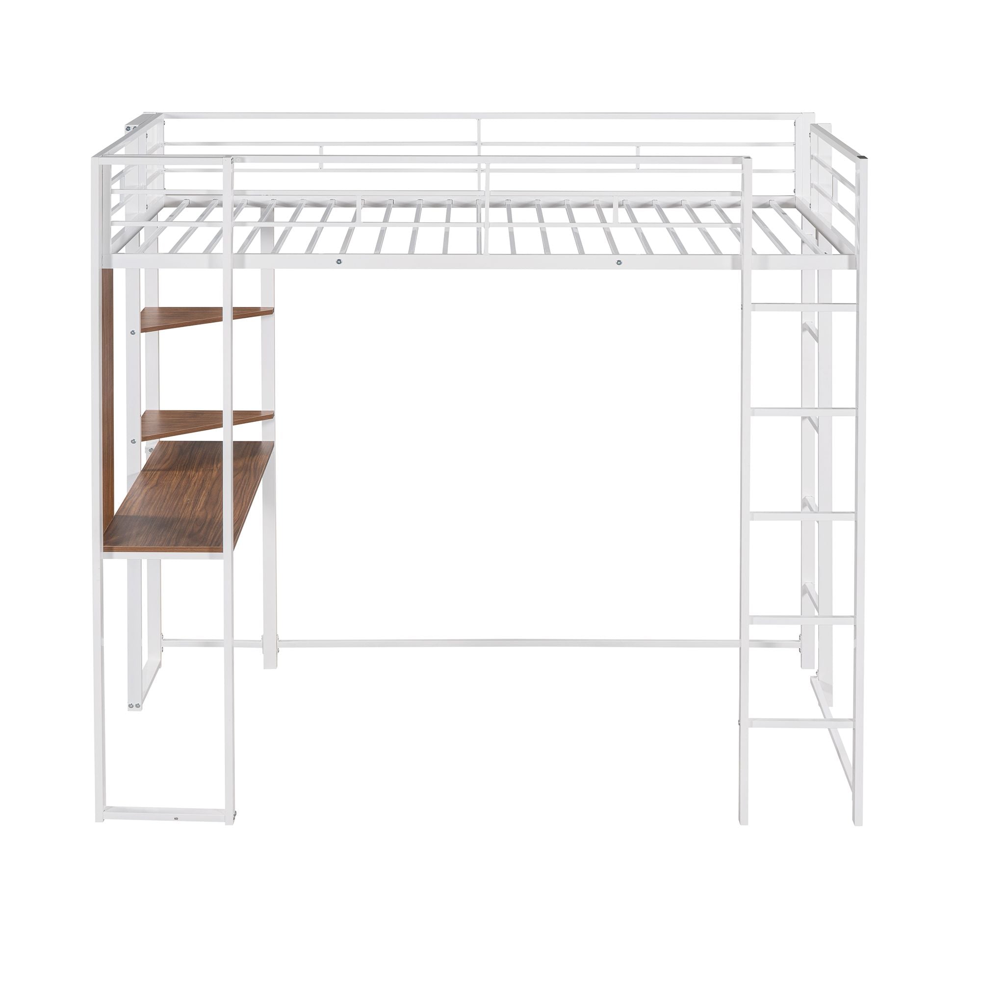 Twin Metal Loft Bed with 2 Shelves and one Desk