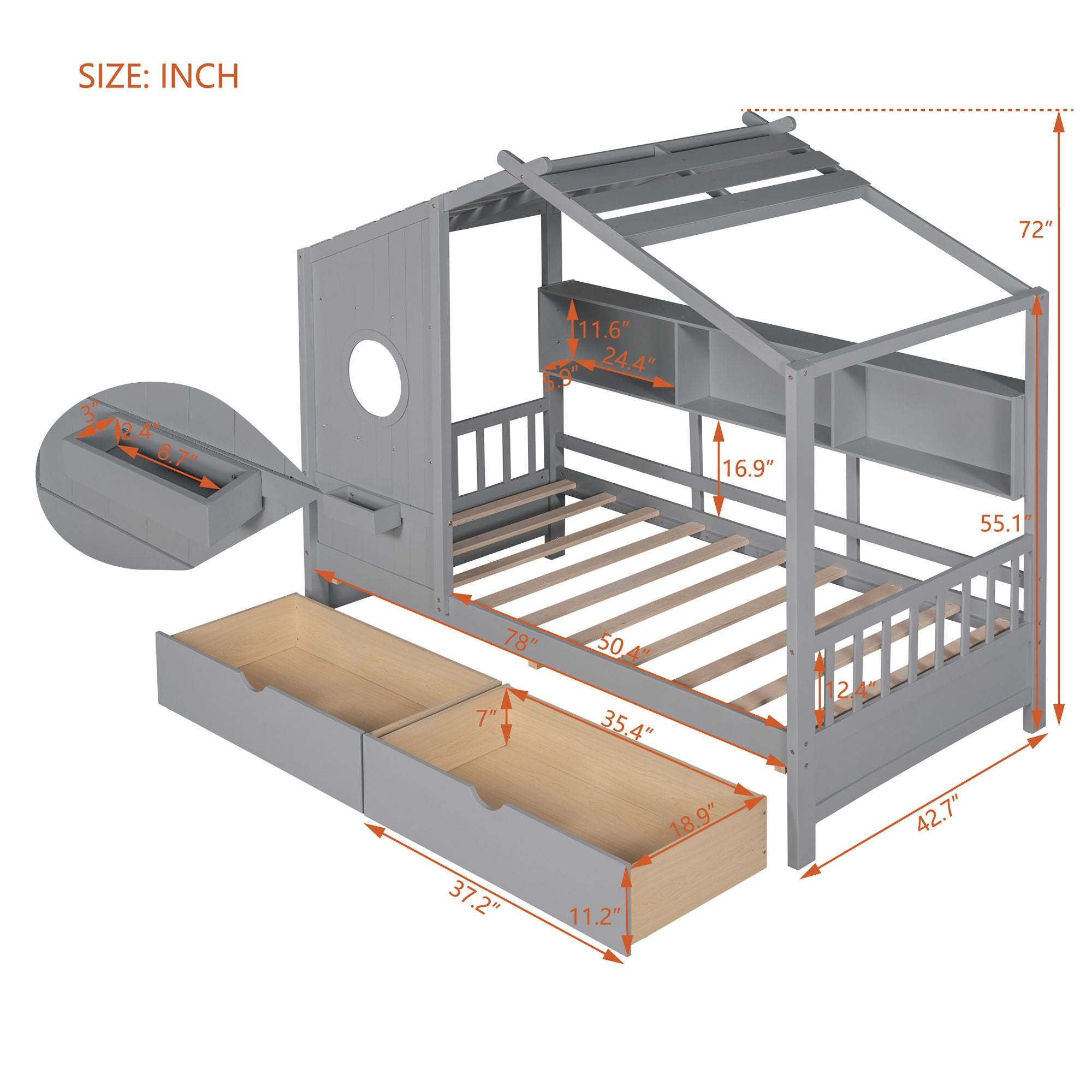 Wooden Twin Size House Bed with 2 Drawers,Kids Bed with Storage Shelf