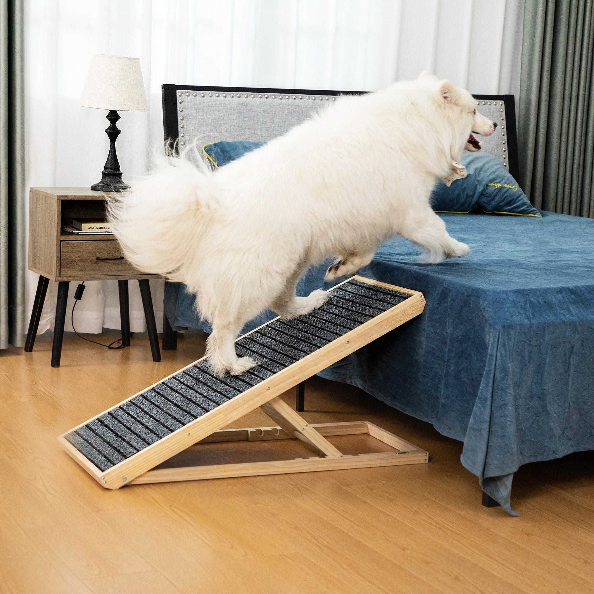 39” Long Wooden Pet Ramp - Folding Dog & Cat Ramp with Adjustable Height (15.8” to 23.6”) and Non-Slip Mat for Bed & Couch | Natural