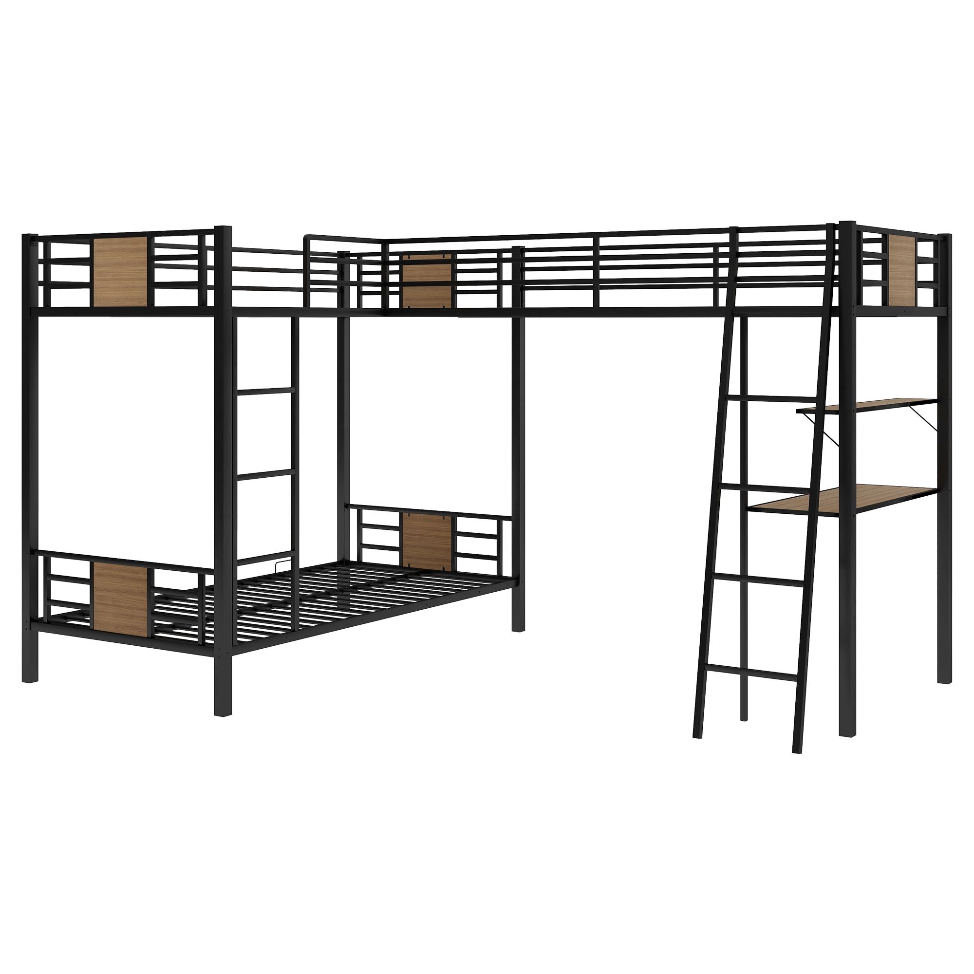 L-Shaped Twin over Twin Bunk Bed with Twin Size Loft Bed with Desk and Shelf