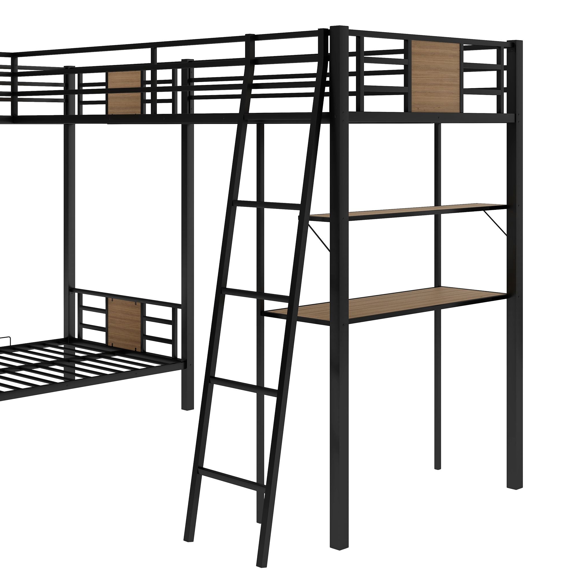 L-Shaped Twin over Twin Bunk Bed with Twin Size Loft Bed with Desk and Shelf